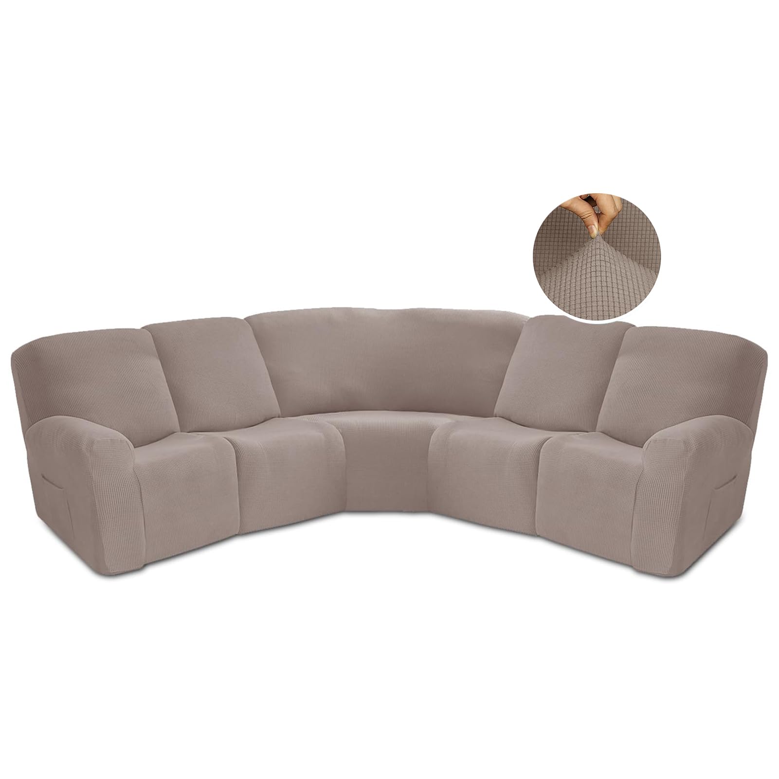 JUNLEBUYI Recliner Slipcover, L Shape Sectional Recliner Sofa Covers, 5 Seater Jacquard Stretch Reclining Couch Covers for Reclining L Shape Sofa, Thick, Soft, Washable (Khaki)