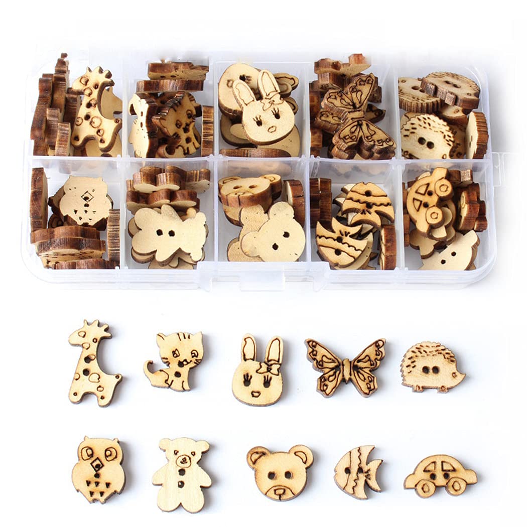 COSYOO Cartoon Buttons Wooden Novelty 100PCS Assorted Decorative Universal DIY Clothing Buttons Sewing Buttons Craft Buttons Pants Supplies Bulk