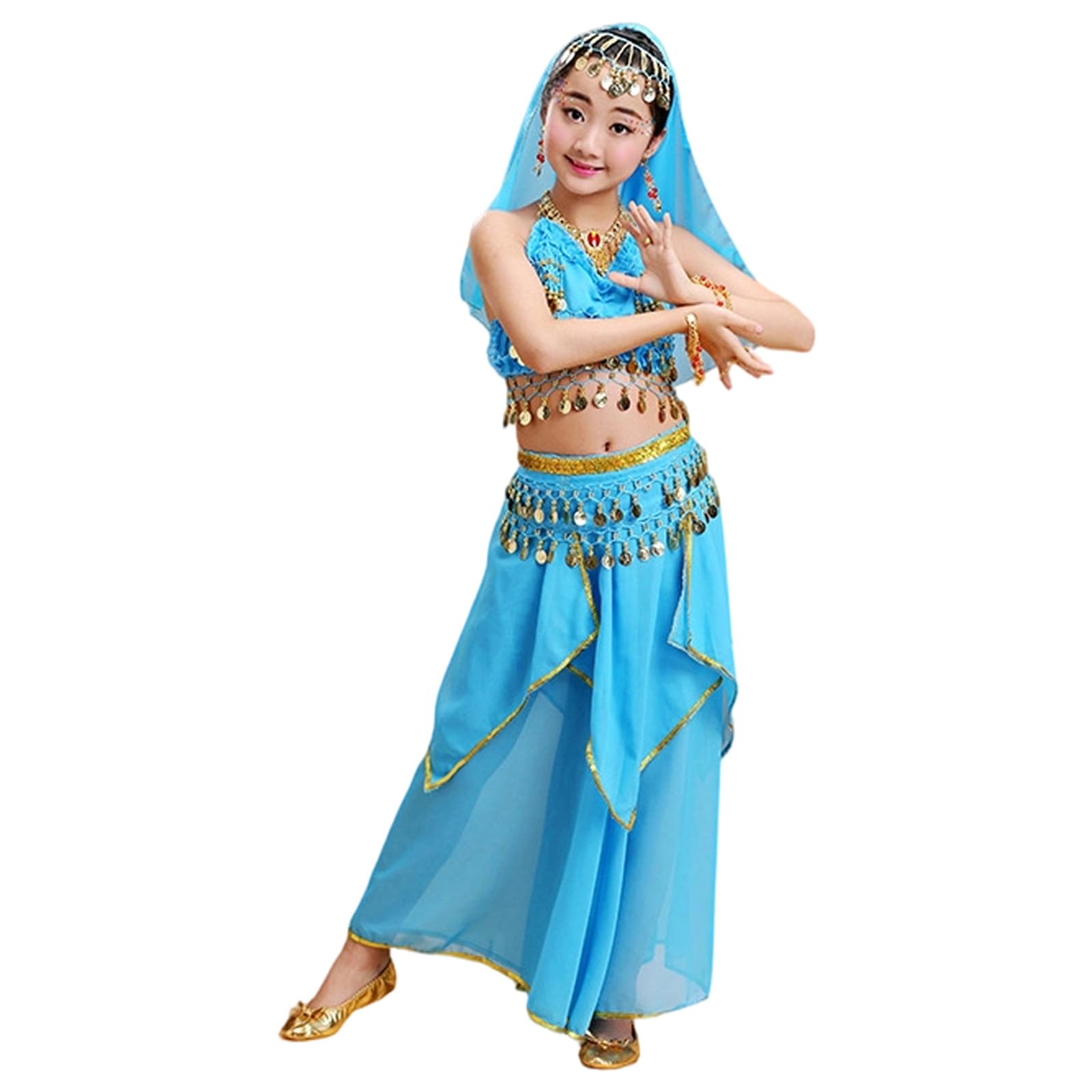 Robe de Danse du Ventre pour Fille sans Manches Déguisement Indienne Costume Orientale Sequin Lamé Léger avec Ceinture de Hanche Tenue de Spectacle Enfant pour Gala Anniversaire