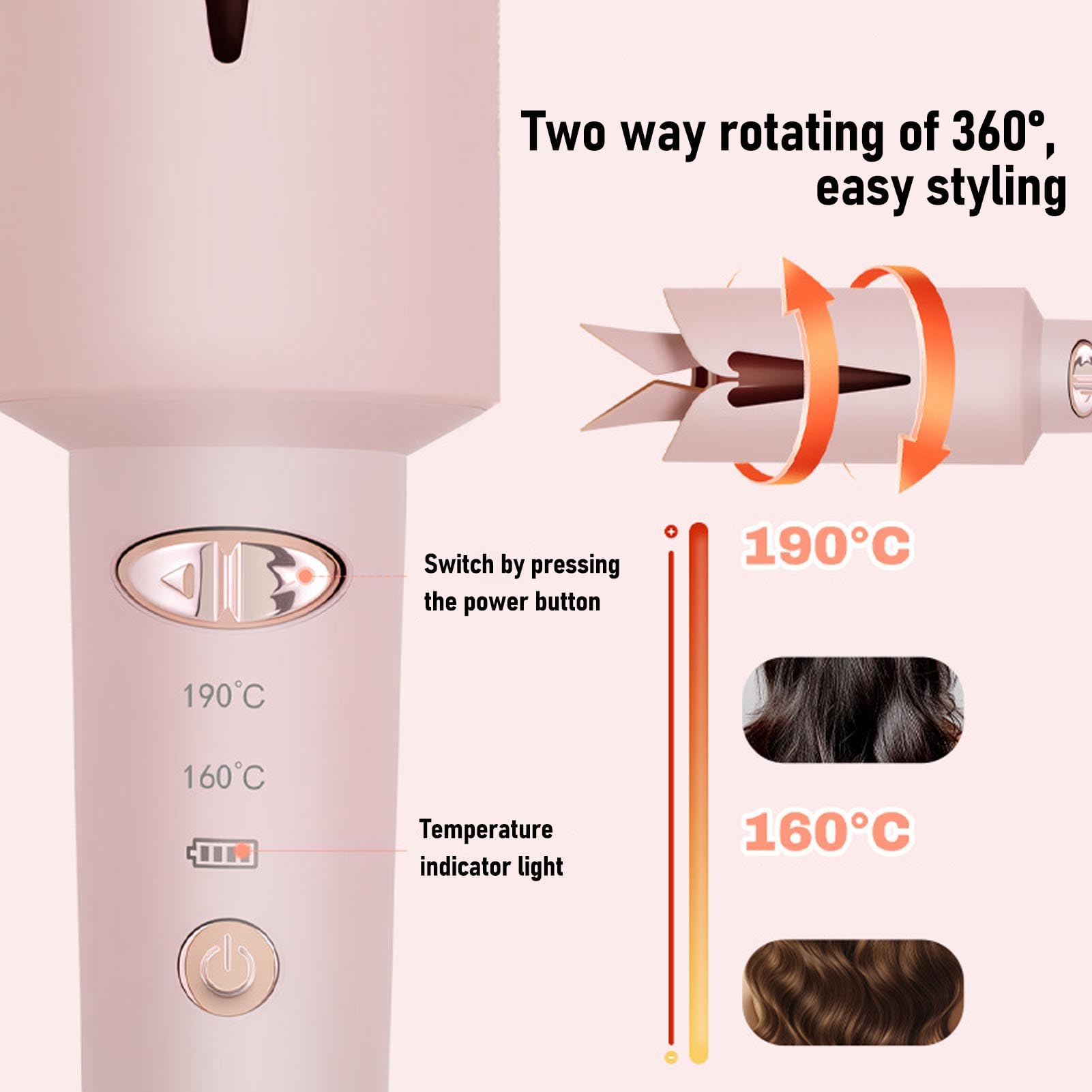 TARSHYRY Ferro Arricciacapelli Automatico Bacchetta Arricciacapelli Automatica Bacchetta con 2 Modalità di Temperatura 160℃ 190℃ Tipo C Batteria Ricaricabile USB 5000mAh