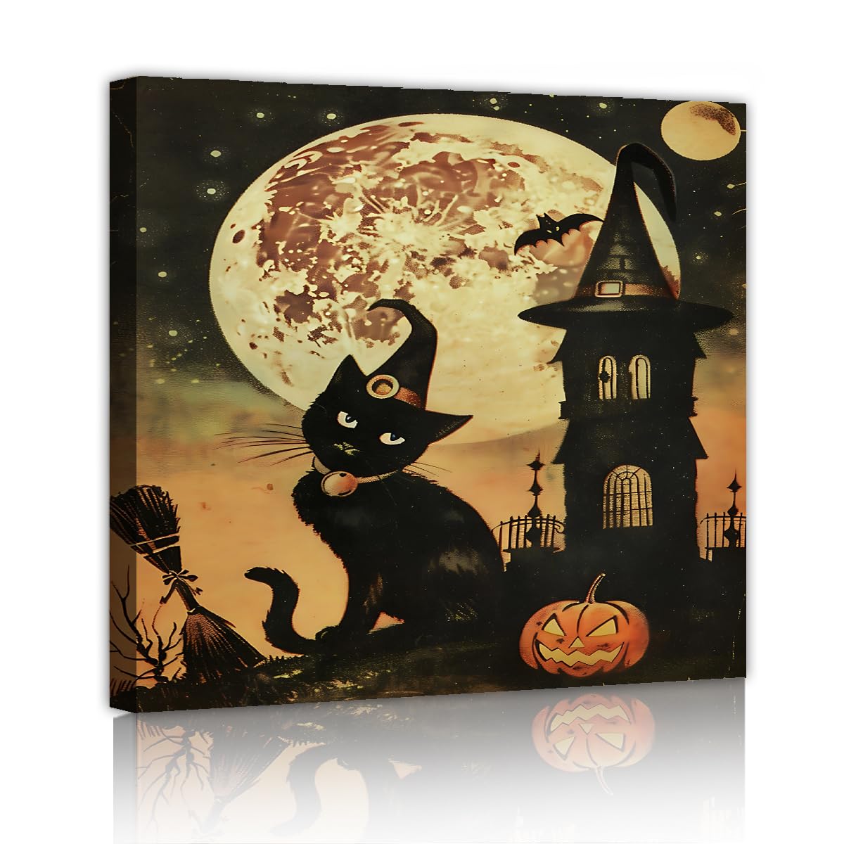 Kapelusz czarownicy dynia upiorny księżyc obrazy na płótnie wydruki Halloween czarny kot płótno sztuka ścienna do salonu sypialni dekoracja do jadalni 70 x 70 cm rama wewnętrzna