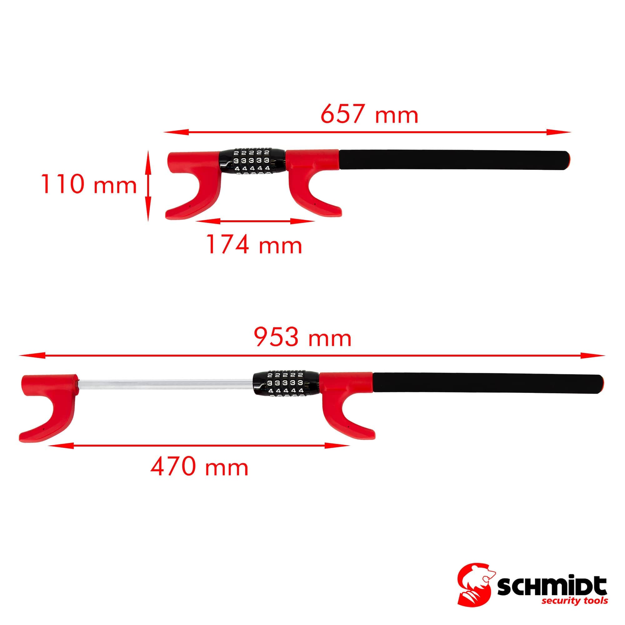 SCHMIDT security tools Lenkradkralle, Extra Langes Lenkradschloss, Wegfahrsperre, PKW Diebstahlschutz, Lenkradsperre mit schlüssellosem Zahlenschloss für Auto, Wohnmobil & LKW