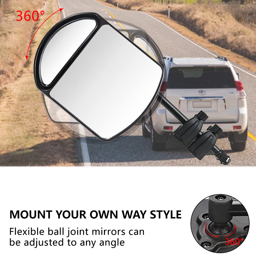 Universal Clip-on Towing Mirror, Lifronkit Mirror Extensions for Towing, Adjustable Dual View Tow mirror, New Pinch Screw & Safety String Design for Secure Fit, Vibrationless, 2pcs