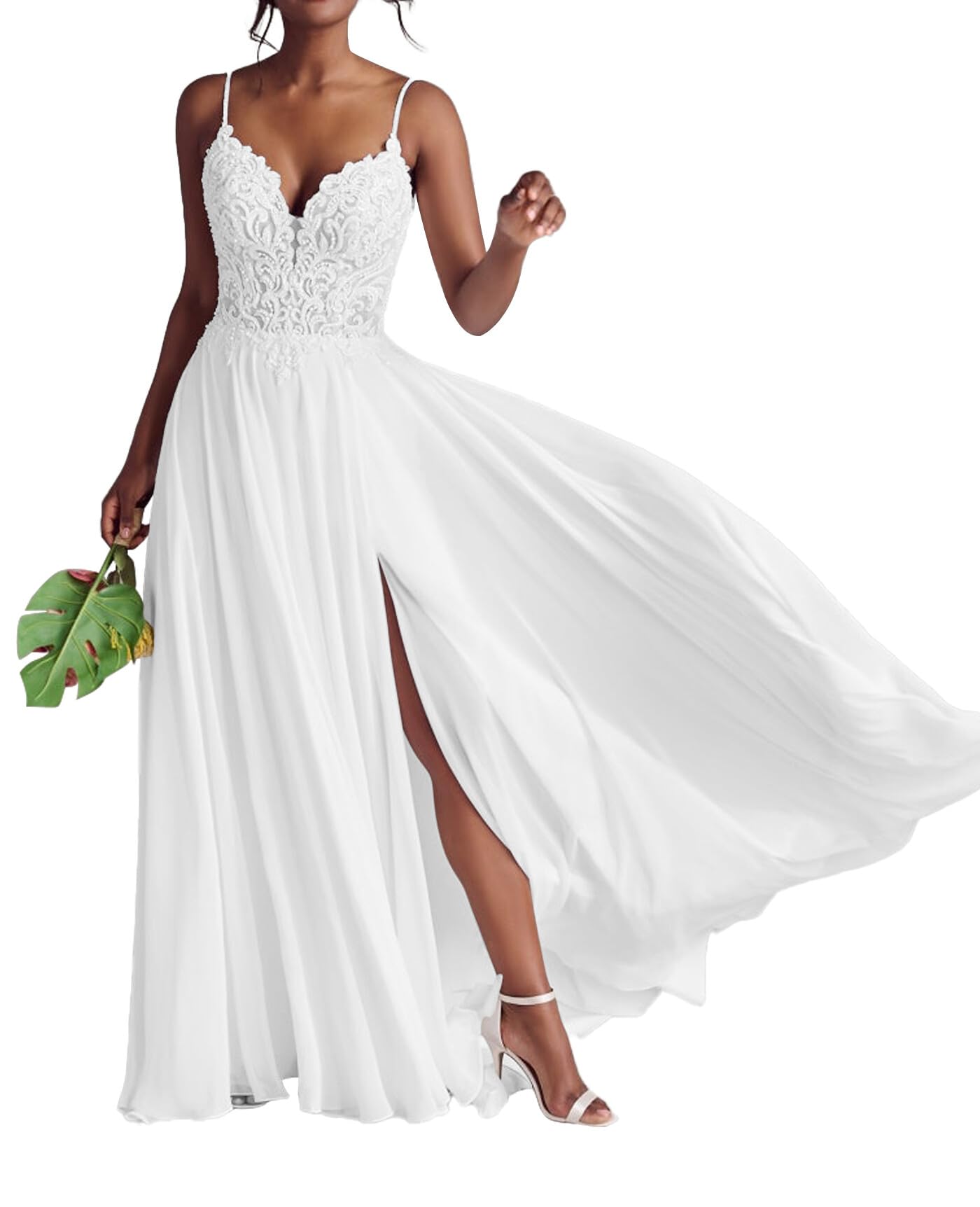 JAEDEN Damen Boho Brautkleider Spaghettiträger Spitze Strand Brautmode A-Linie Tüll Hochzeitskleider