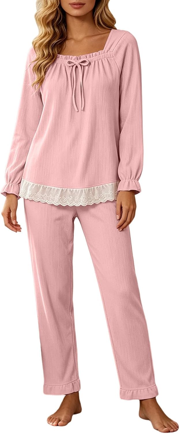Women's Square Neck Long Sleeve Pajama Set Lace Trim Lounge | Lightweight Fashion Fall Sleepwear For Women, Ruffle Cuffs and Bottom, Cute Bow Tie Neck, Casual Loungewear Set