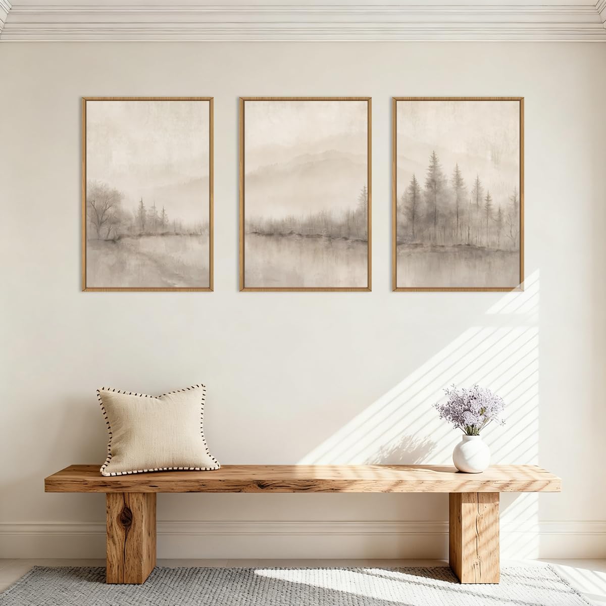 Large Abstract Misty Lake Tree Framed Canvas Wall Art Set,Neutral Soft Woodland Landscape Wall Decor,Minimalist Modern Forest Lakes Artwork for Living Room,Bedroom,Farmhouse-16 x24 x3