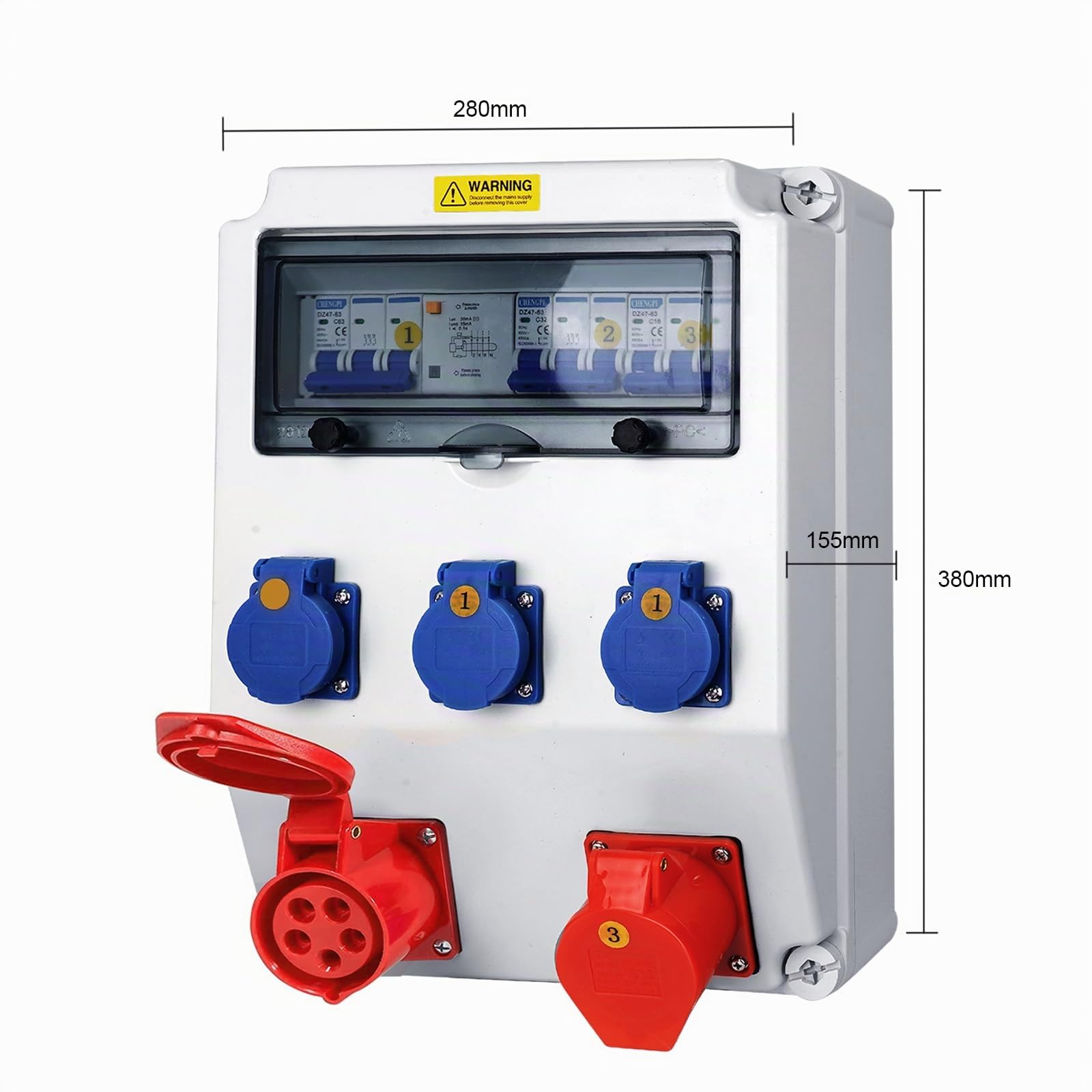 Distribuidor de Corriente para Construcción, Distribuidor de Pared para Obras con Disyuntor, 5P CEE Socket y Schuko Socket, Distribuidor de Consumo Eléctrico para Talleres y Fábricas