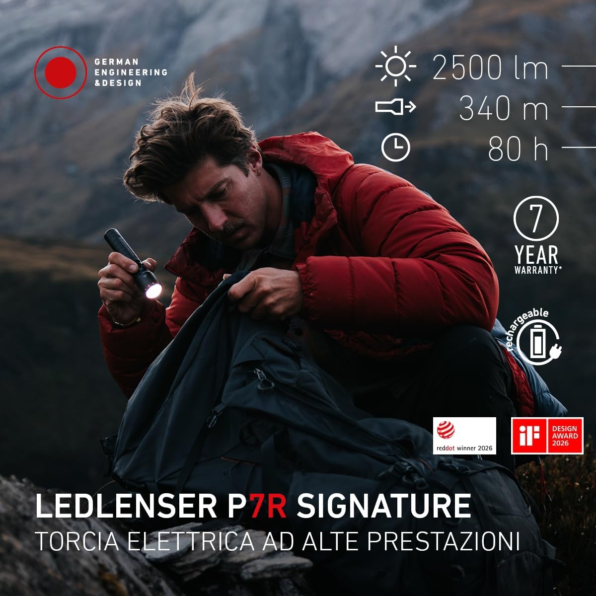 Ledlenser P7R Signature Torcia Ricaricabile, 2500lm, 340m, IP68, USB-C | Autonomia 80h, messa a fuoco regolabile, 8 modalità, impermeabile, 197g, custodia da cintura, per campeggio ed escursioni