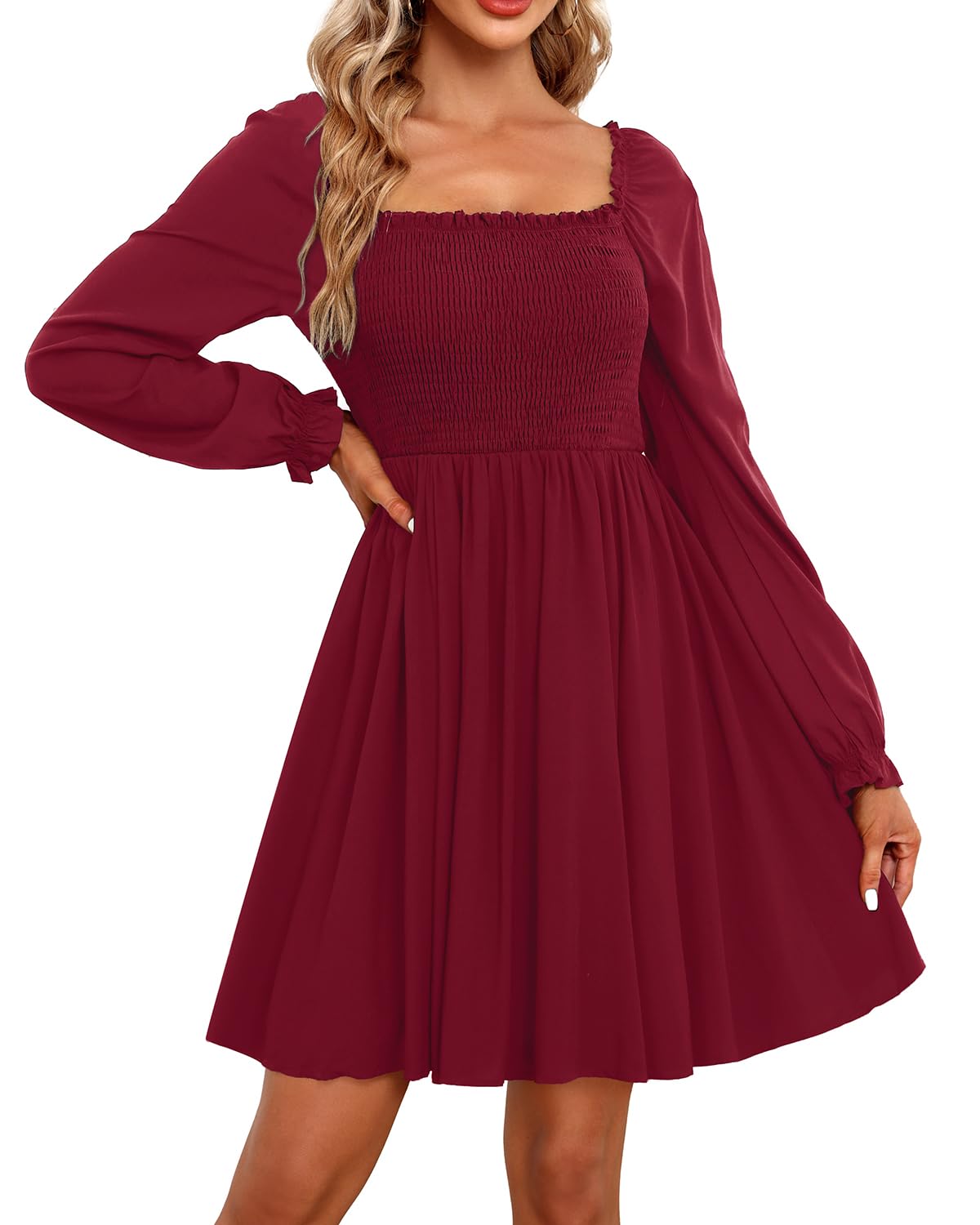 Holipick Womens Casual Square Neck Smocked Dress Shirred Ruffle Puff Sleeve High Waist Cute Flowy A-Line Short Dress