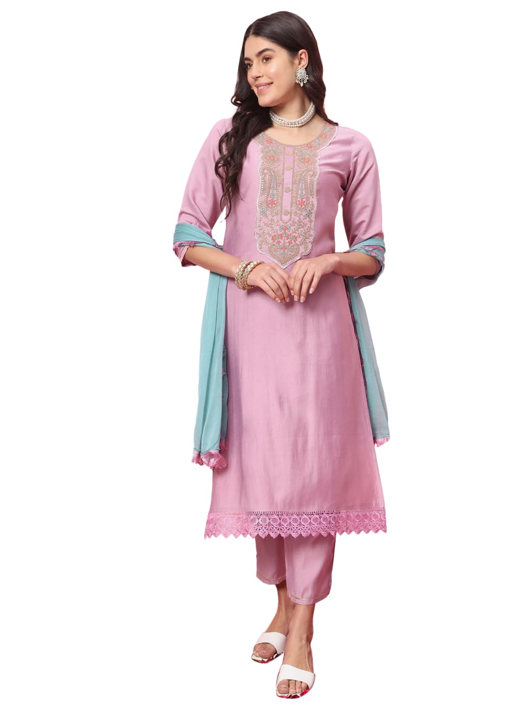 VredeVogel Women's Cotton Silk Blend Embroidered Kurta with Pant & Nazneen Dupatta Set