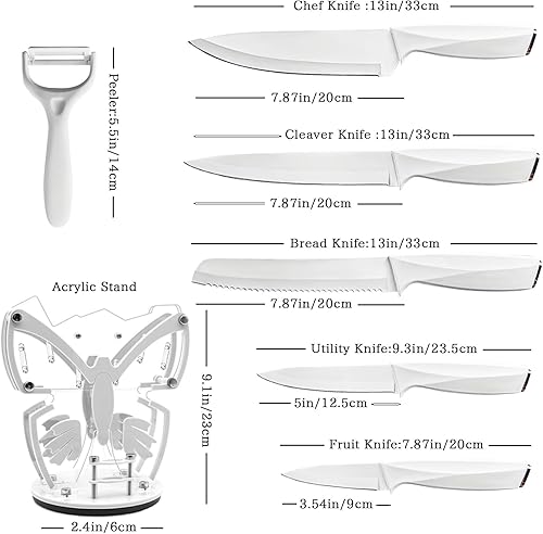 Miniatura 7 de Retrosohoo - Juego de cuchillos de cocina para mujer, 7 piezas afilados de acero inoxidable blanco con bonito bloque de cuchillos para cocina, juego