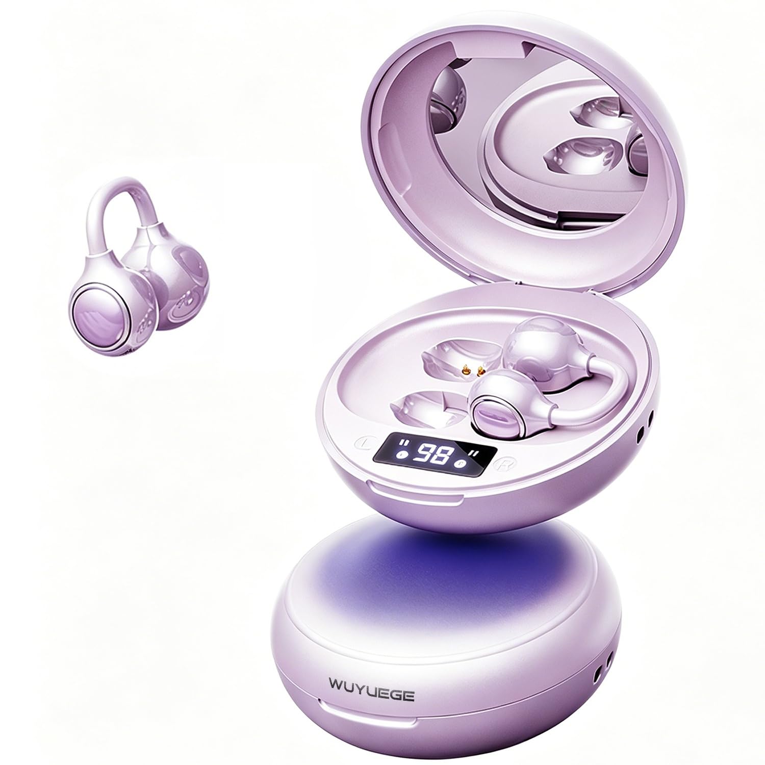 Upgraded Open Ear Clip on Earbuds Bluetooth 6.0,Premium Powder Compact Case with LED Display & Mirror, 40H Long Battery,Lightweight Secure Fit for Small Ears,Open-Ear Comfort for Women(purple)