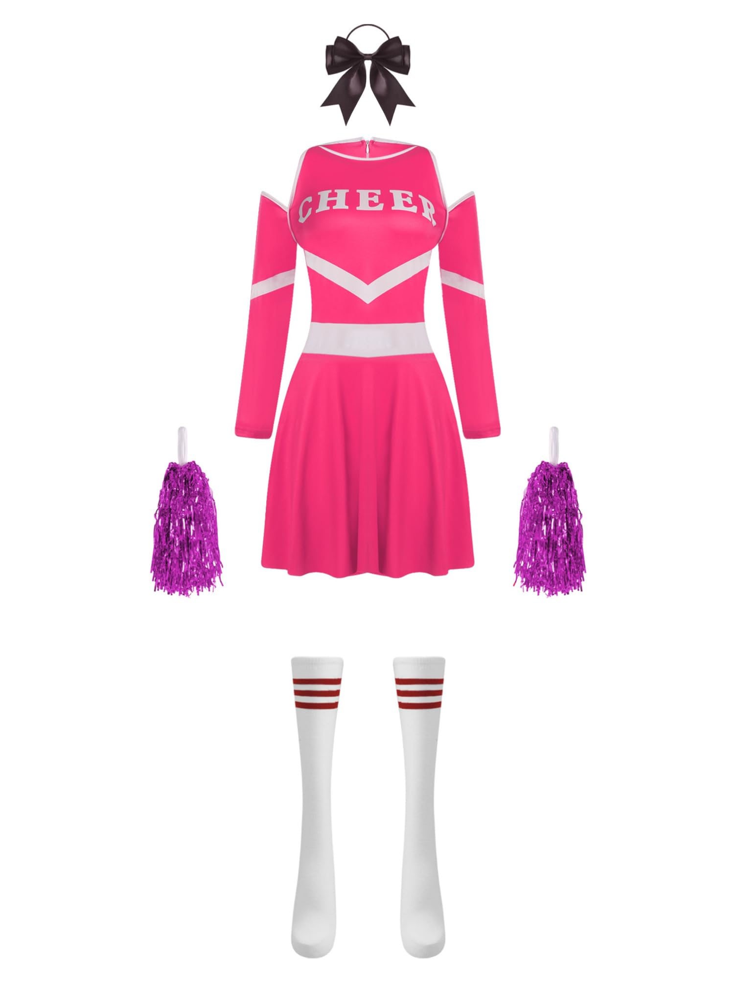 dPois Cheer Leader Kostüm Damen Cheerleading Uniform Kostüm Sport Wettkampf Tanz Uniform Langarm Crop Top Rock mit Strümpfe Pompoms