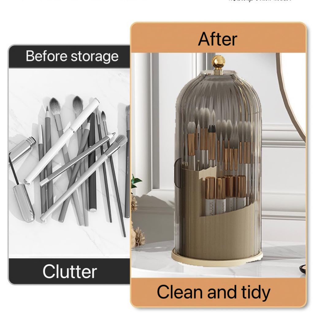 Organizador de brochas de maquillaje con tapa [a prueba de polvo e impermeable] 360 Rotativo Transparente Brochas de Maquillaje Organizador para Tocador Escritorio Baño Encimera