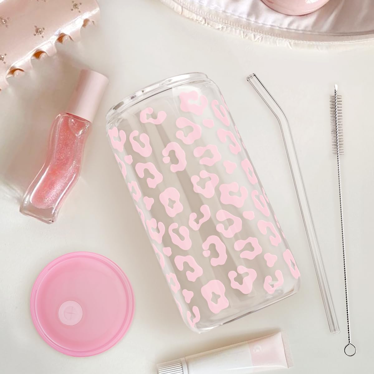 SANDJEST Leopard Glass Bottle, Pink Leopard Print Glass Cup with Lid & Straw, Iced Coffee Aesthetic Glass Can, Gifts for Women, Christmas Birthday Mother's Day - Image 8