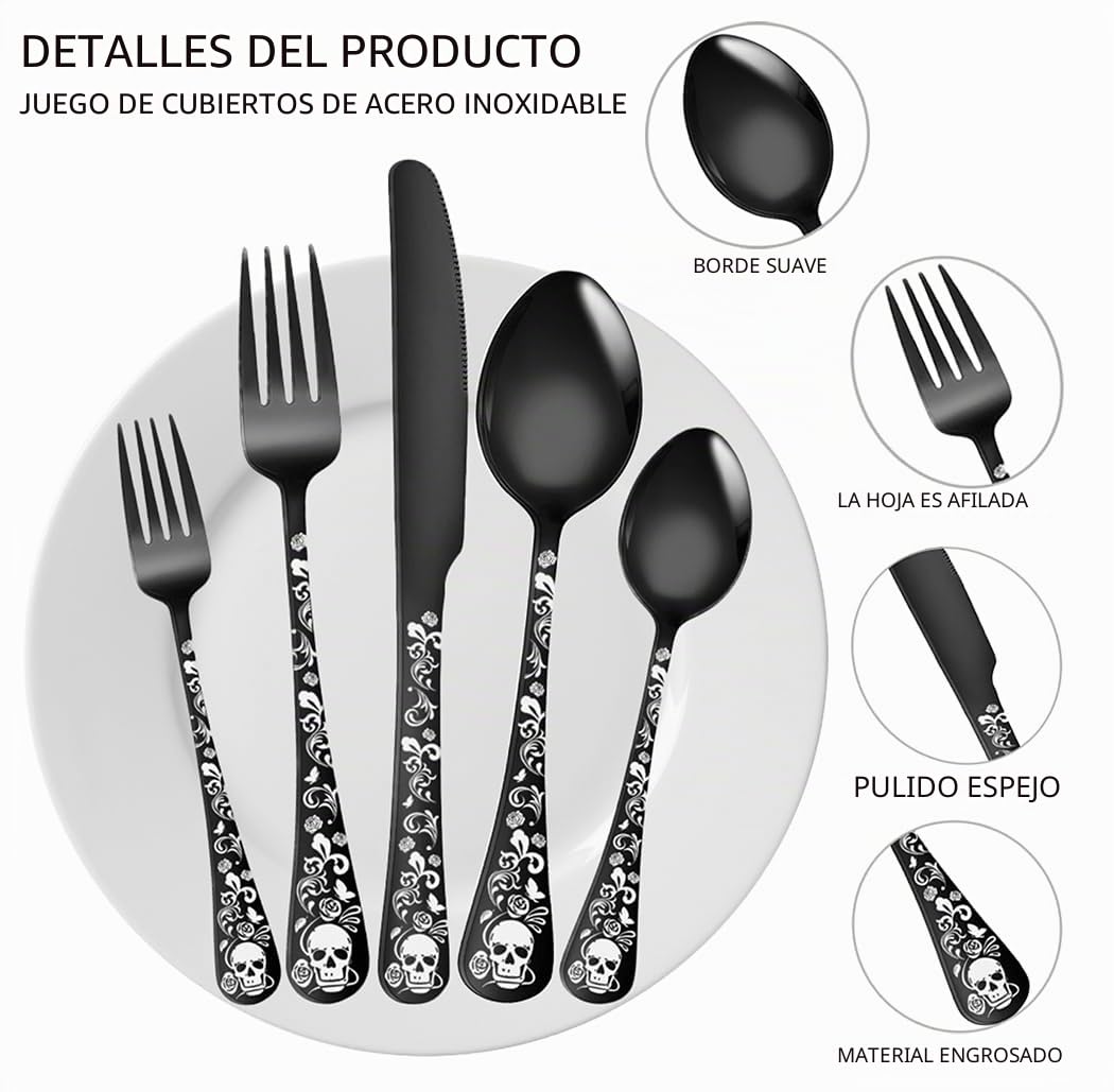 XIAOYU Juego de cubiertos extraño de 20 piezas, juego de cubiertos de calavera gótica para 4, diseño de patrón único de flor de esqueleto, utensilios de vajilla para eventos de halloween, Negro