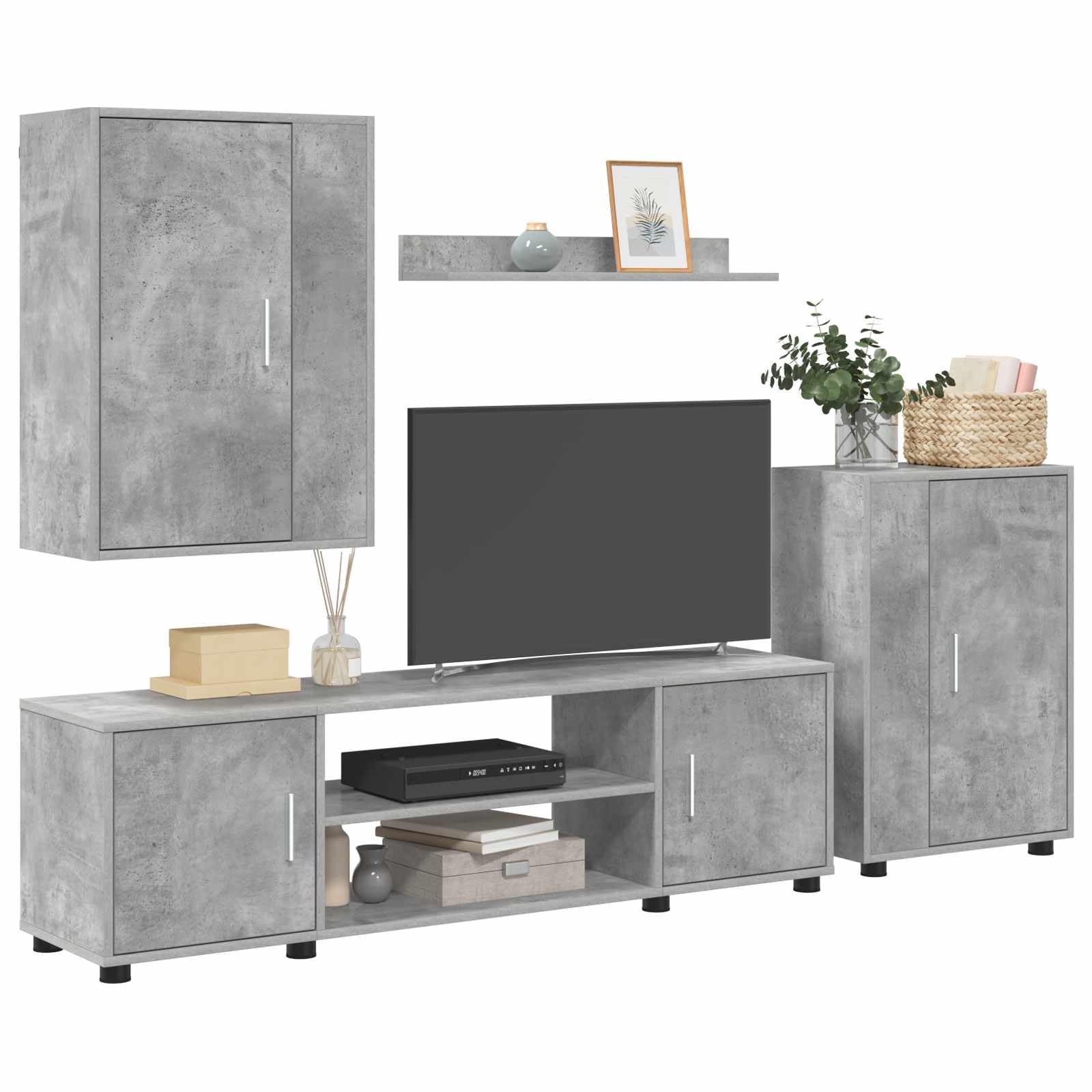 vidaXL Set mobile TV 4 pcs Grigio cemento Legno multistrato, Soggiorno, mobile moderno, armadio a parete, supporto TV, mensole modulari, arredo elegante per interni pratici