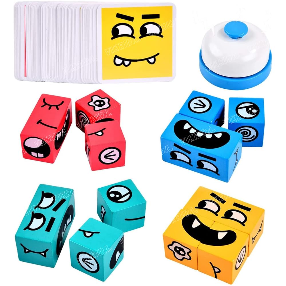 VikriDA Emoji Face Cube Game with Bell for Kids | Expression Matching Block Puzzle Board Game with 16 Face Cubes