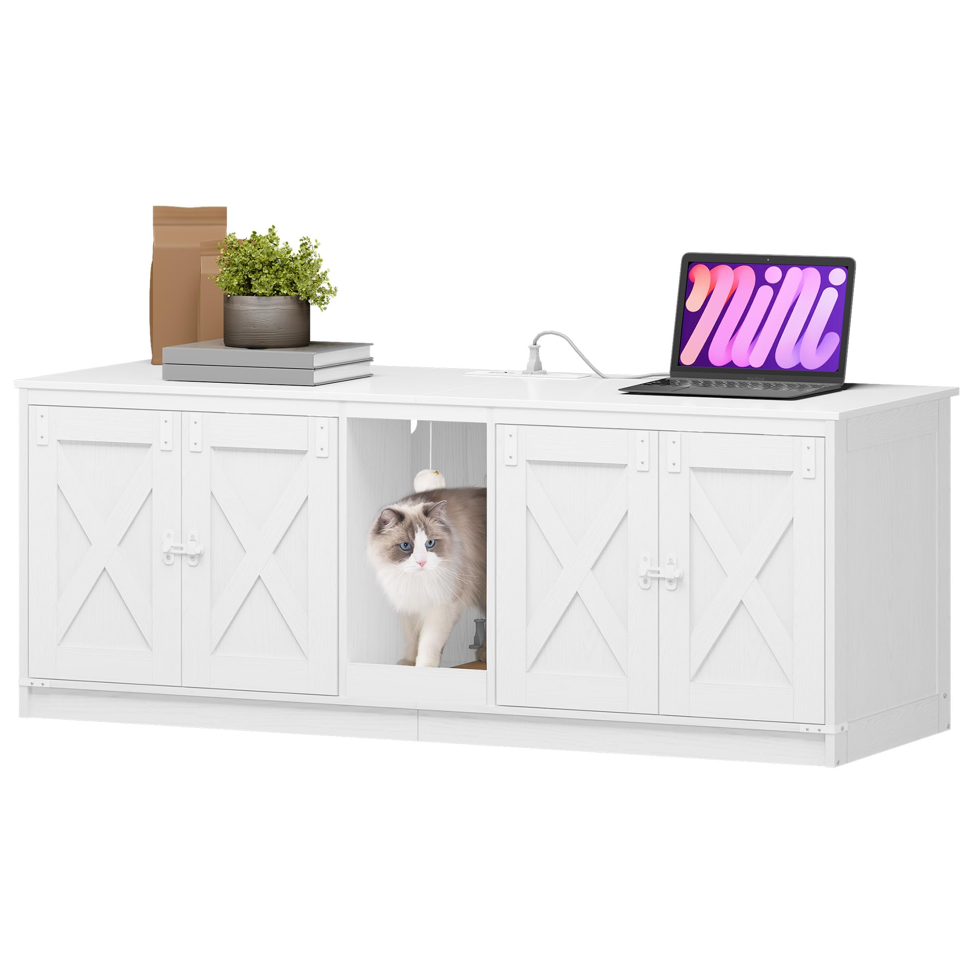 Hzuaneri Armario para Gatos, Mueble Arenero Gato con Puertos USB y Tomas de Corriente, Mueble Arenero Oculto de 140cm para 2 Gatos, Casa para Gato de Interior, Blanco CB82513W