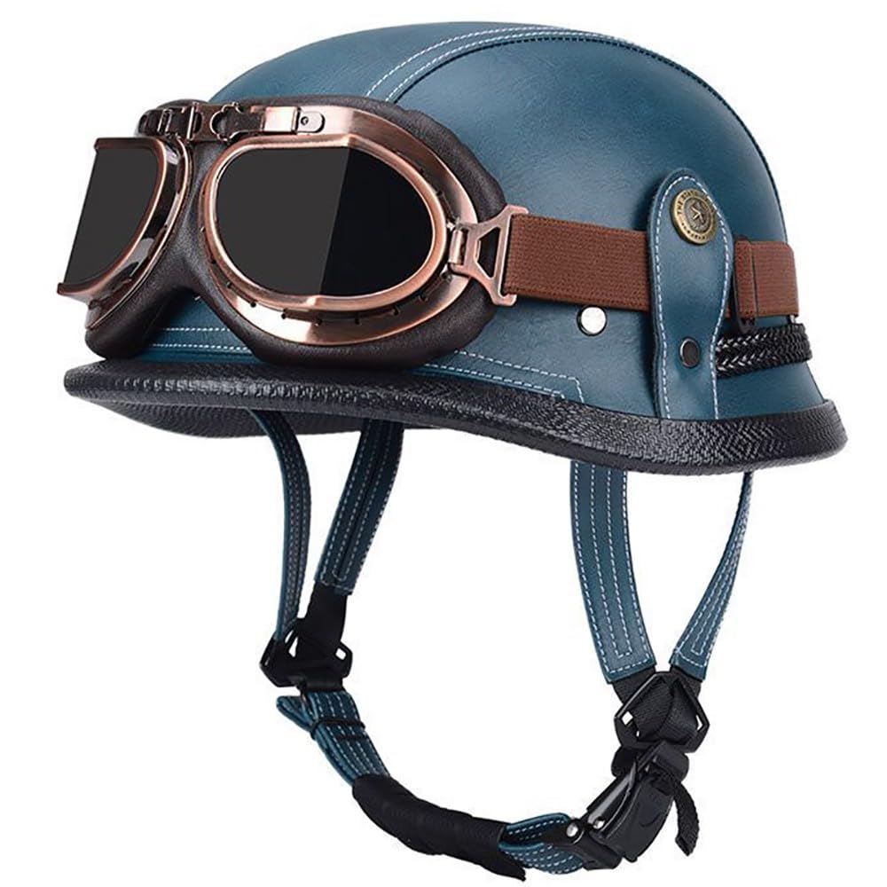 Motorcycle Half Helmet, Vintage Leather German Style Half Helmet Skull Cap with Goggles, ECE Approved Retro Motocross Helmet, Men Women Adult for Scooter Bike Cruiser
