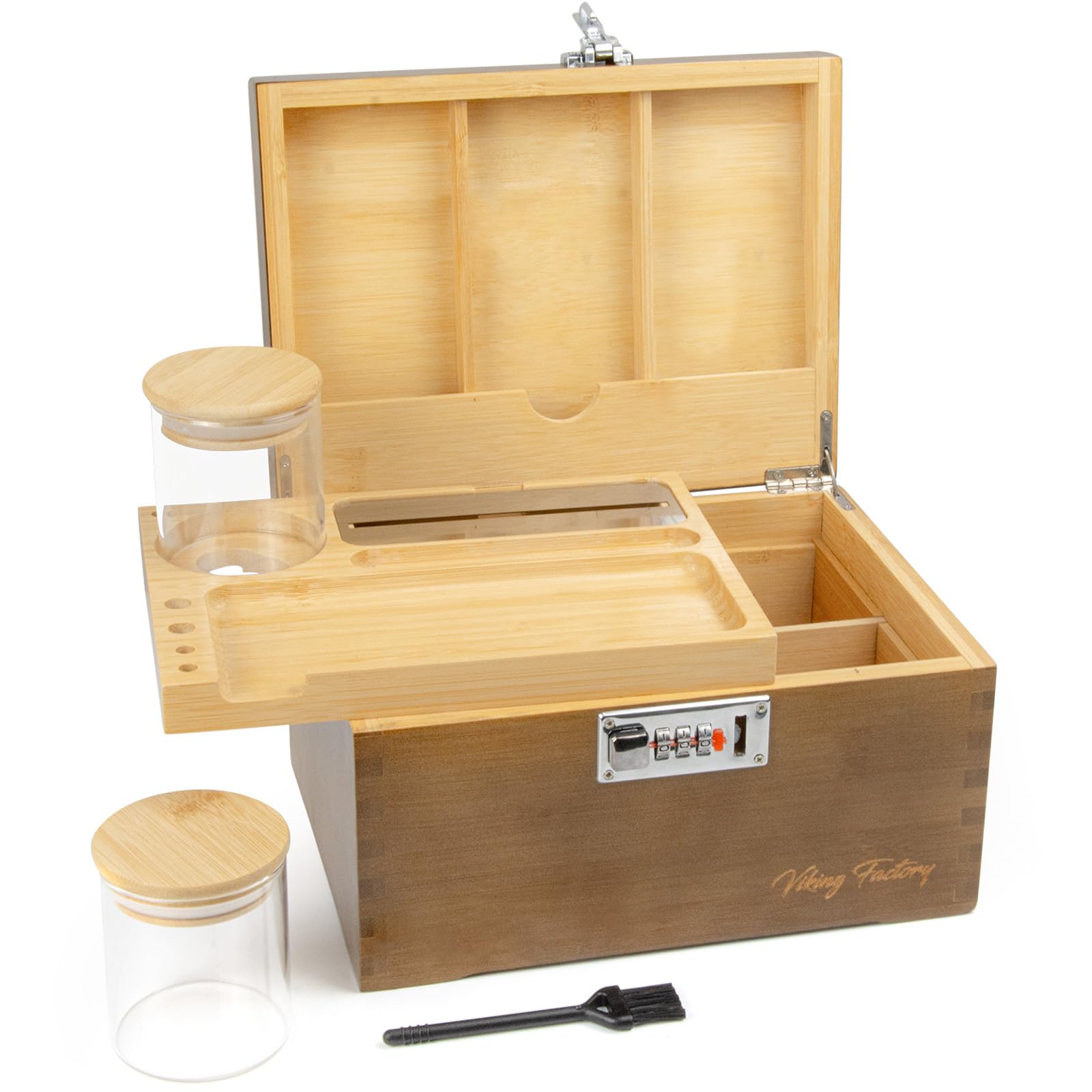 Premium Decorative Bamboo Box - Home Office Lock Organizer Set w/Removable Tray, Glass Jars & Adjustable Divider - Mortise-Tenon Crafted - Gift Ready for Women & Men (Brown)