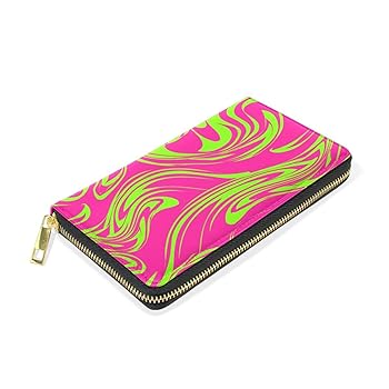 OTVEE Womens Wallet Neon Green and Pink Pattern Slim Long