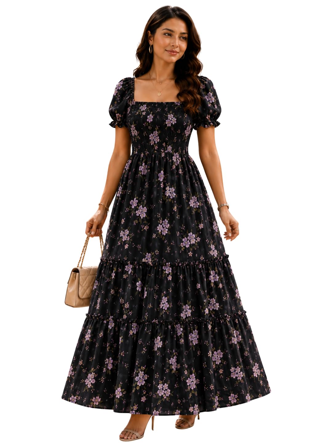 Women's Floral Printed Square Neck Smocked Flared Maxi Dress with Puff Sleeves-picture-21
