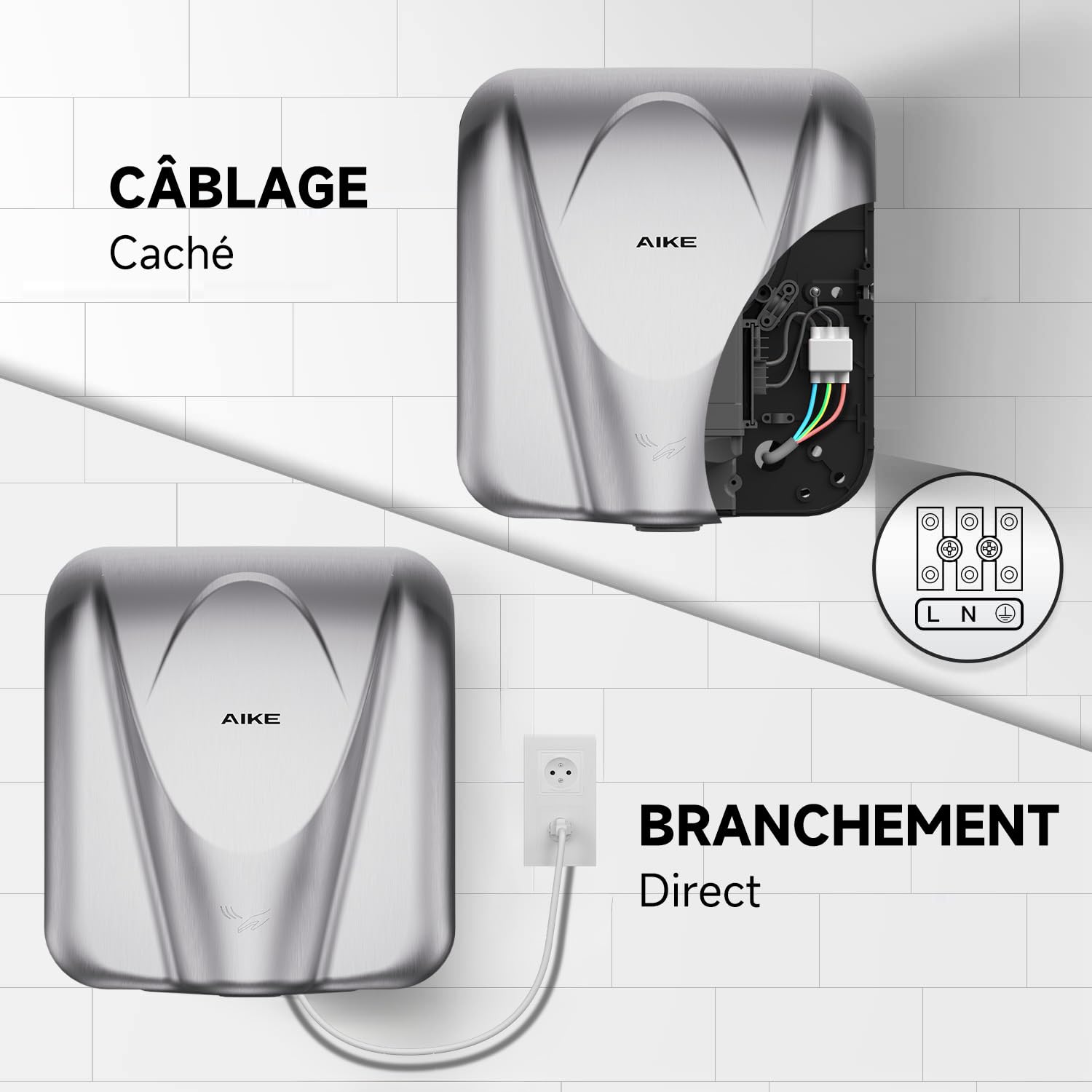 AIKE Elephant Sèche Mains Commercial, Haute Vitesse, Acier Inoxydable Durable pour Toilettes à Fort Trafic, 220V Brossé AK2812