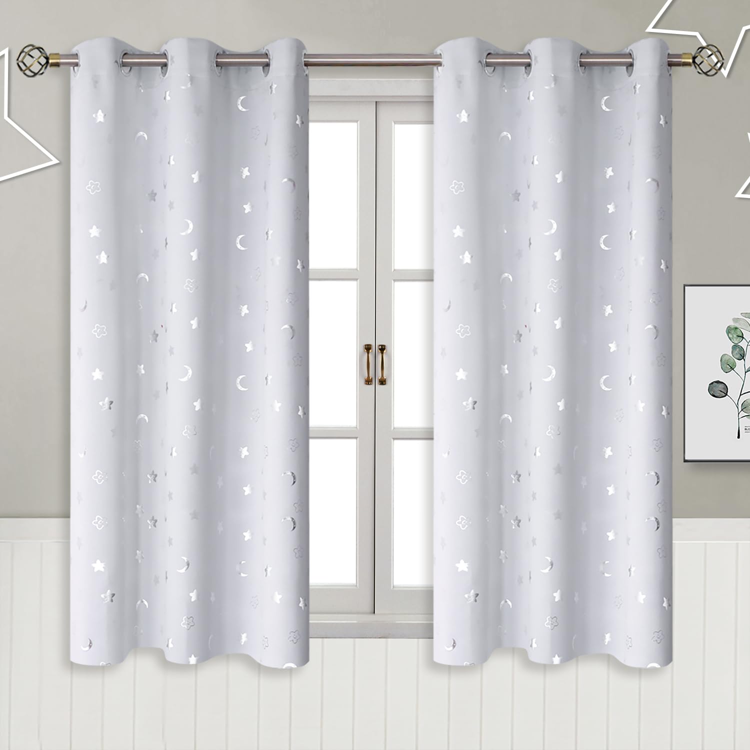 BGment Kids Curtains for Nursery, Short Star and Moon Room Darkening Curtains for Bedroom 54 Inch Long, Blackout Thermal Insulated Window Drapes for Boys Girls, Greyish White, 42 Wide, 2 Panels