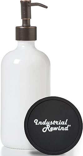 Industrial Rewind - Dispensador de jabón blanco con bomba de metal de bronce aceitado, botella de vidrio de 16 onzas para jabón líquido, loción o