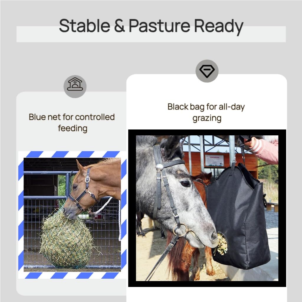 Blue & Black Horse Hay Nets Set-2 Pack 40"Length with 2"Hole Haynet and Large 600D Oxford Hay Bag,Slow Feed Bag Hay Nets for Horses,Sheeps,Cows-Feeding Supplies - Image 4