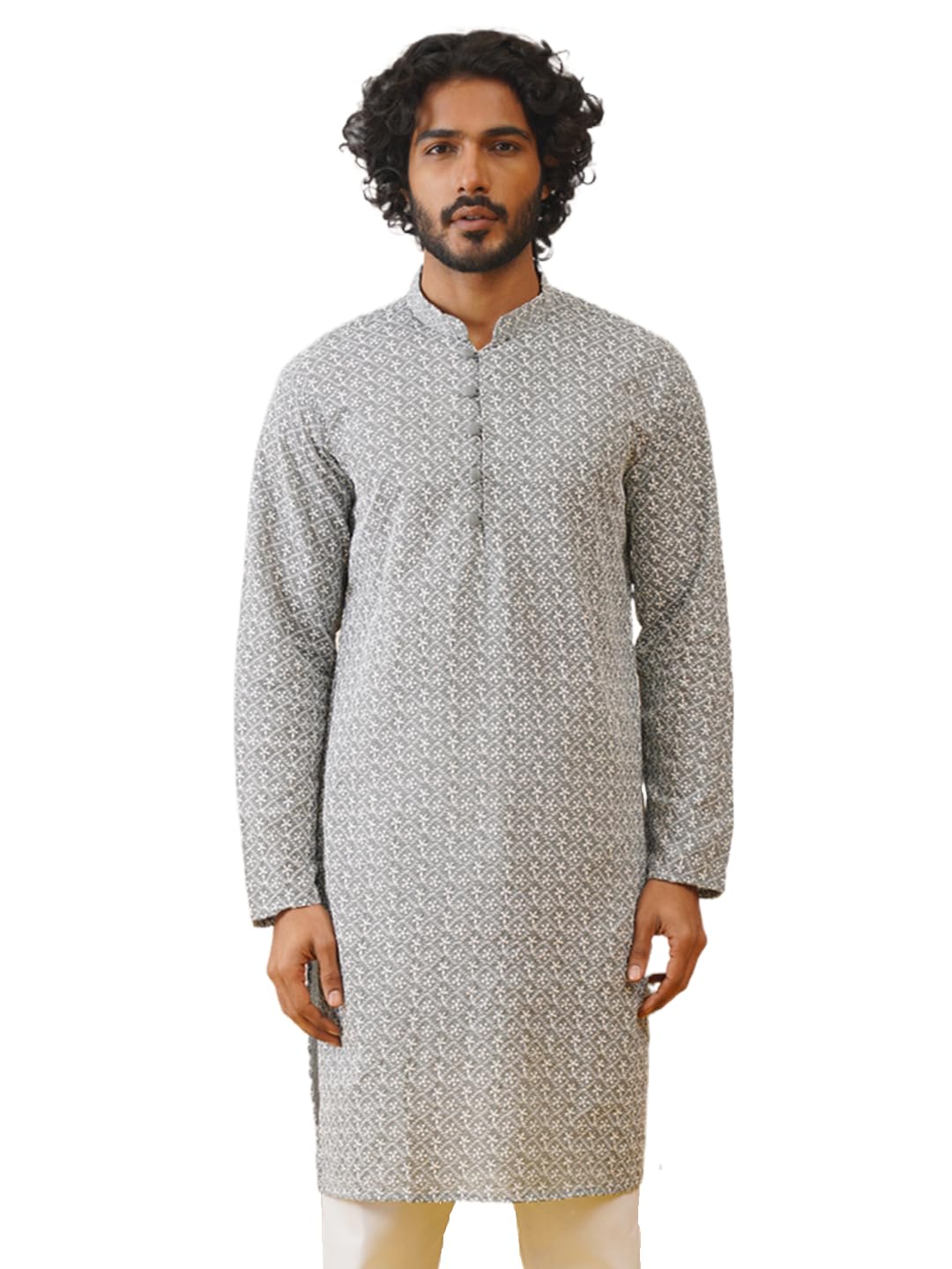Jompers Men Grey Chikankari Embroidered Kurtas (Grey, S)