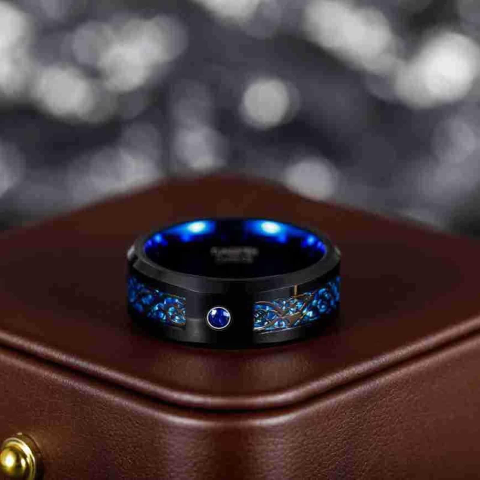 Anello in tungsteno da uomo, in fibra di carbonio, con intarsio blu
