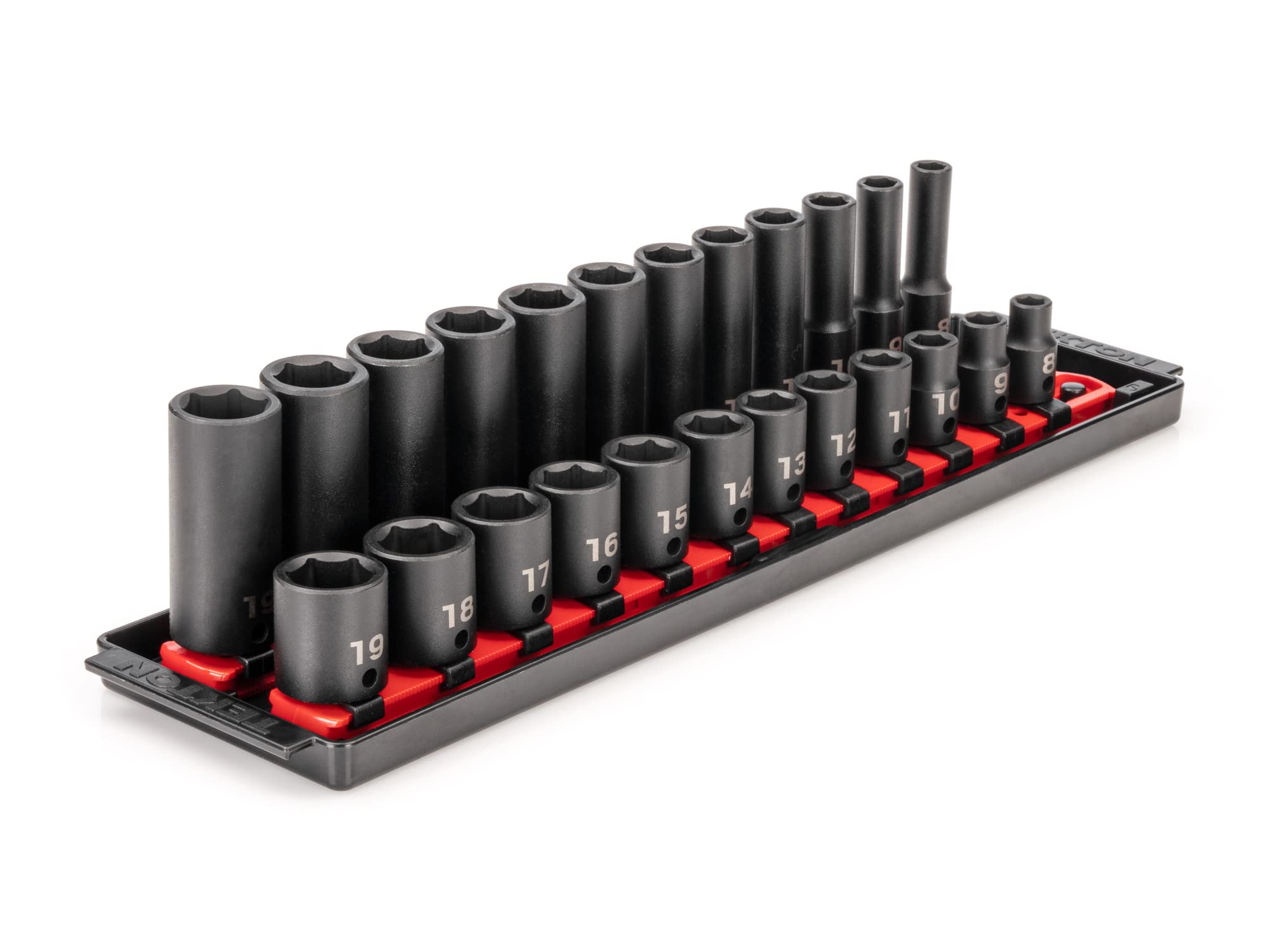 TEKTON 3/8 Inch Drive 6-Point Impact Socket Set with Rails, 24-Piece (8-19 mm) | SID91209