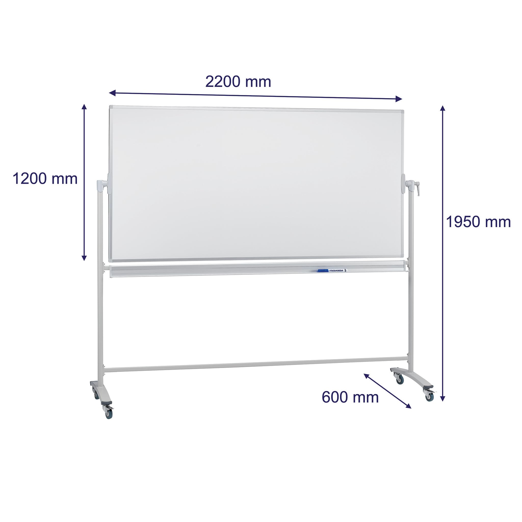 FRANKEN ST205 Tableau blanc mobile double face émaillé magnétique effaçable à sec avec support et roulettes avec cadre en métal et cadre pivotant 220 x 120 cm