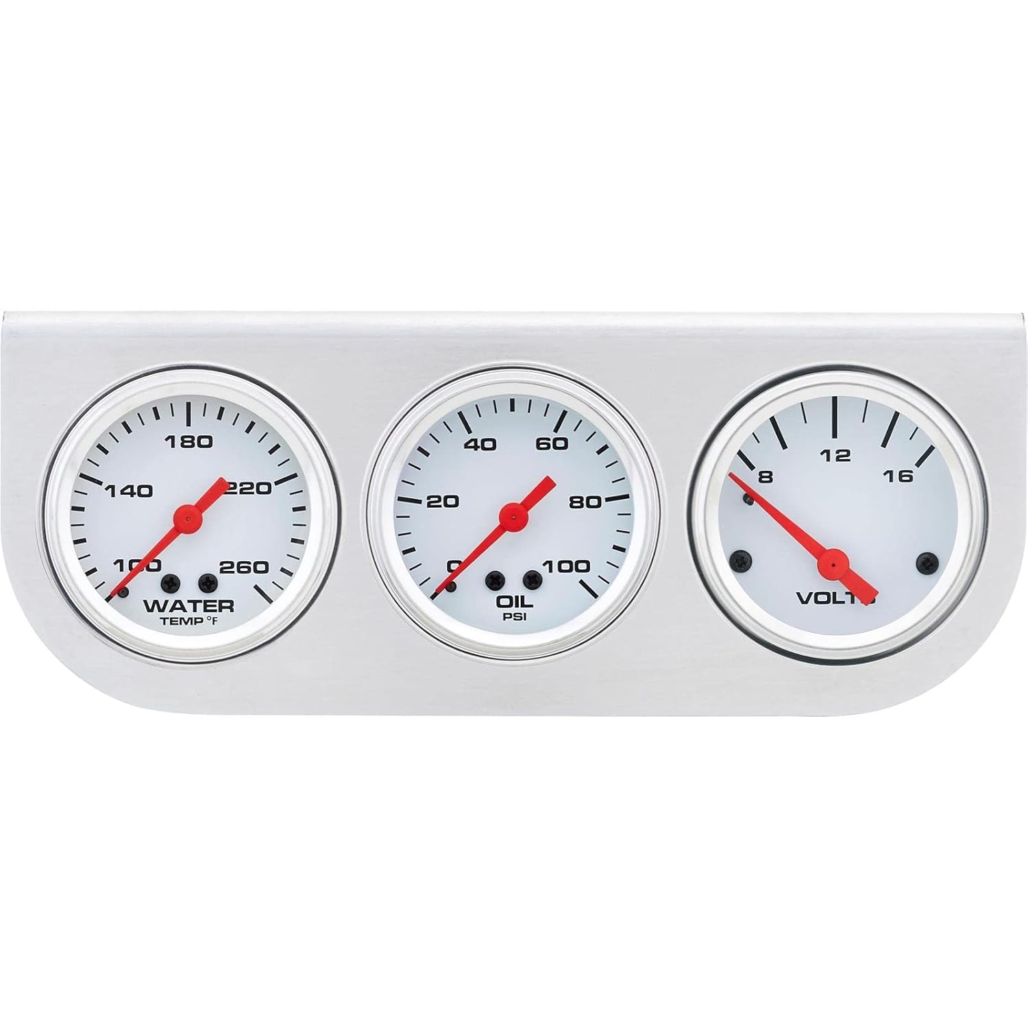 Speedway Motors 3-Gauge Set with Brushed Aluminum Panel Includes Oil Pressure, Water Temperature and Voltmeter Gauges, Black Face with Stainless Bezels, Universal Fit