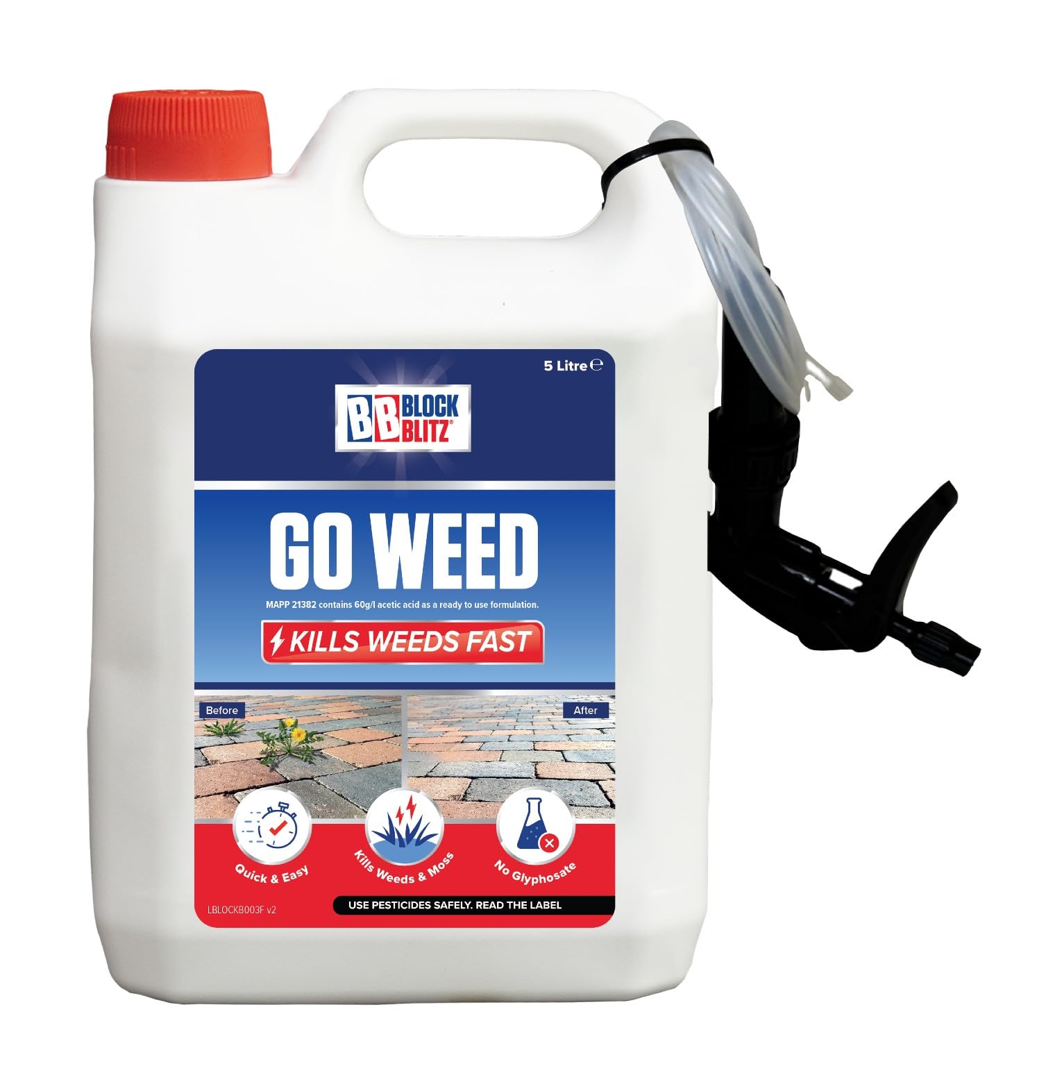 Go-Weed Garden Weed Killer 5L – Glyphosate-Free Acetic Acid Formula with Sprayer & Hose – Fast Acting Patio, Path, Driveway & Garden Weed Control – Covers 50 sq/m - Pet Friendly Once Dry