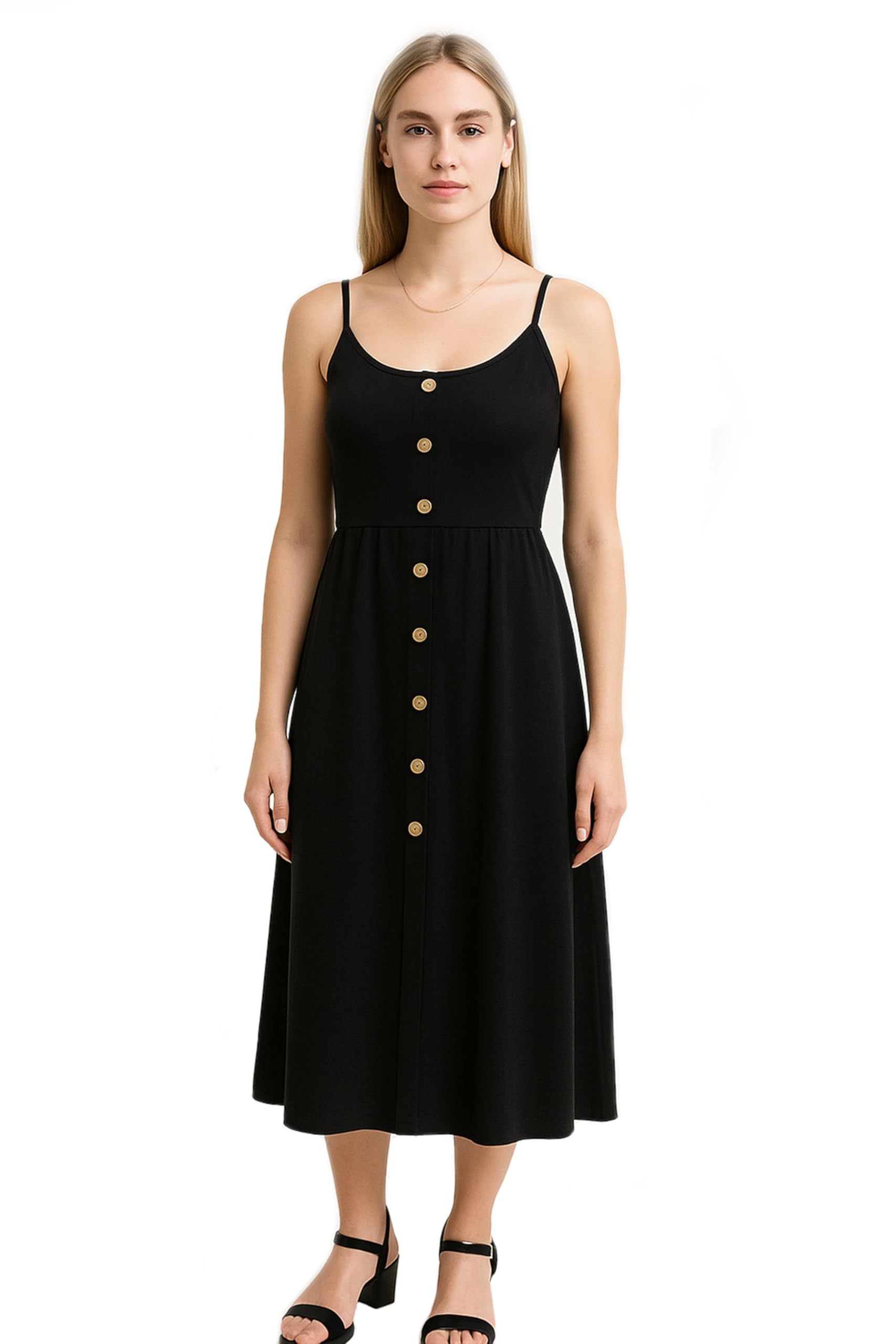 Es-Uk Women's Black Button Down Midi Sundress – Sleeveless Spaghetti Strap Summer Dress, Elastic Waist – Casual A-Line Tank Dress For Beach, Vacation & Everyday Wear (, L)