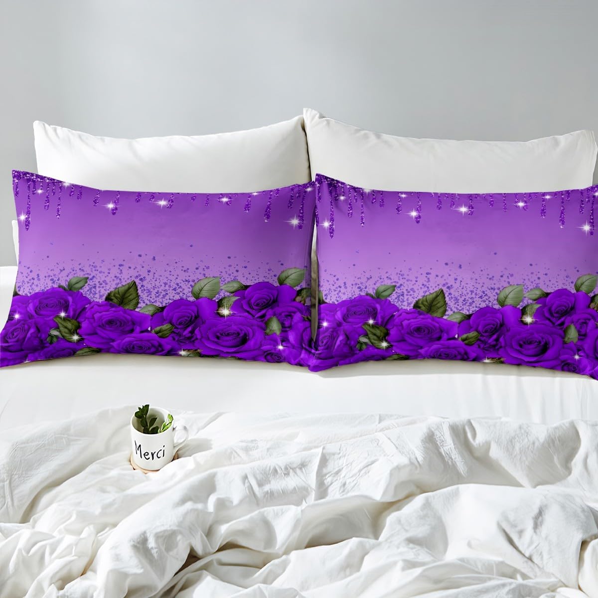 Erosebridal Purple Rose Fitted Sheet Diamond Crystal Fluid Art Bed Sheets Full,Abstract Ombre Sheets Romantic Garden Flowers Bedding Set,Boho Floral Bohemian Decor