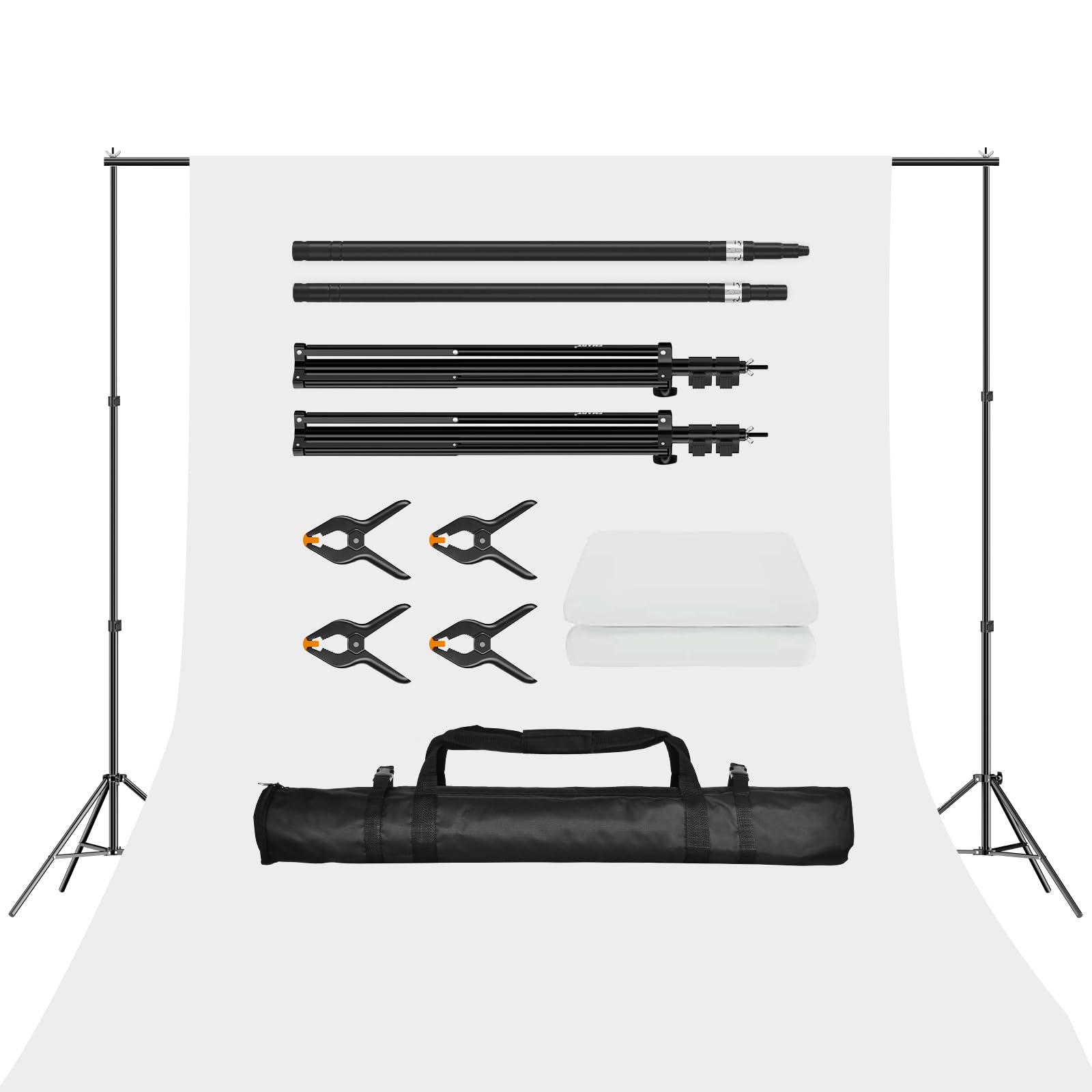 EMART Support Toile de Fond Photo de 2x2m avec 1,5x3m Toile de Fond Blanc | Sac de Transport, 4 Pinces, Photographie, la Décoration, la Fête, Studio de Photographie