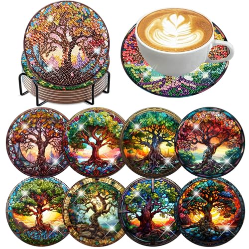 8 Pcs Tree of Life Diamond Art Coasters, DIY Diamond Painting Coasters with Cork Pads, Non Slip Diamond Art Kits for Adults-Crafts Supplies for Gift Home Decor