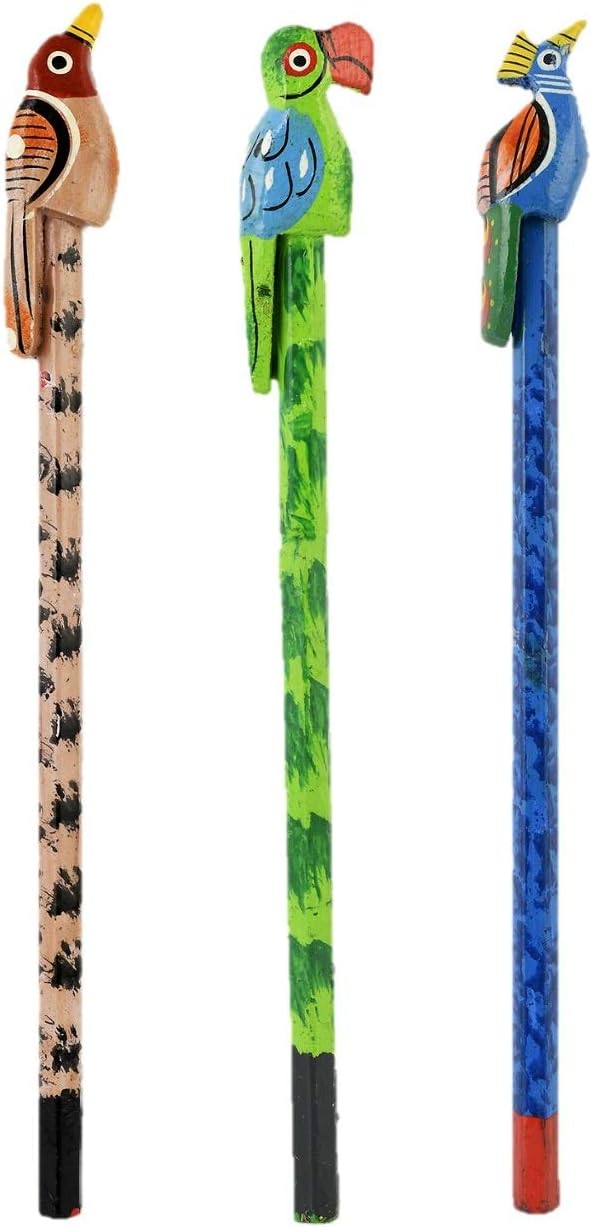 LifyHand Crafted Pencil with beautiful bird shape at the top- useful product with delicately painted pencil- Set of 3 Piece