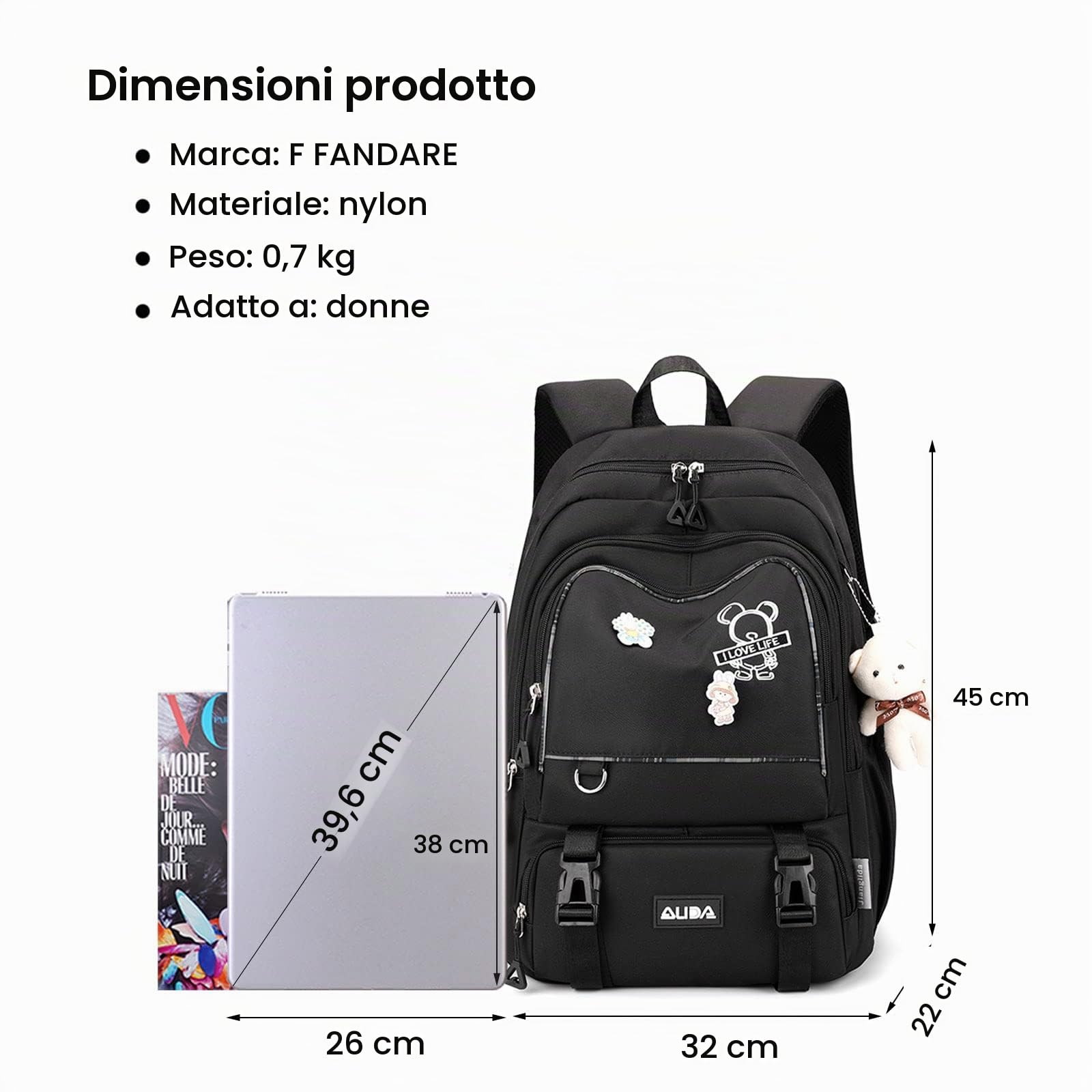FANDARE Zainetti Cartelle per Scuola Elementare, Zaino Casual per Ragazzi Studenti Scuole primarie Viaggiare, Daypacks con ciondolo in peluche, Impermeabile, Nylon Nero