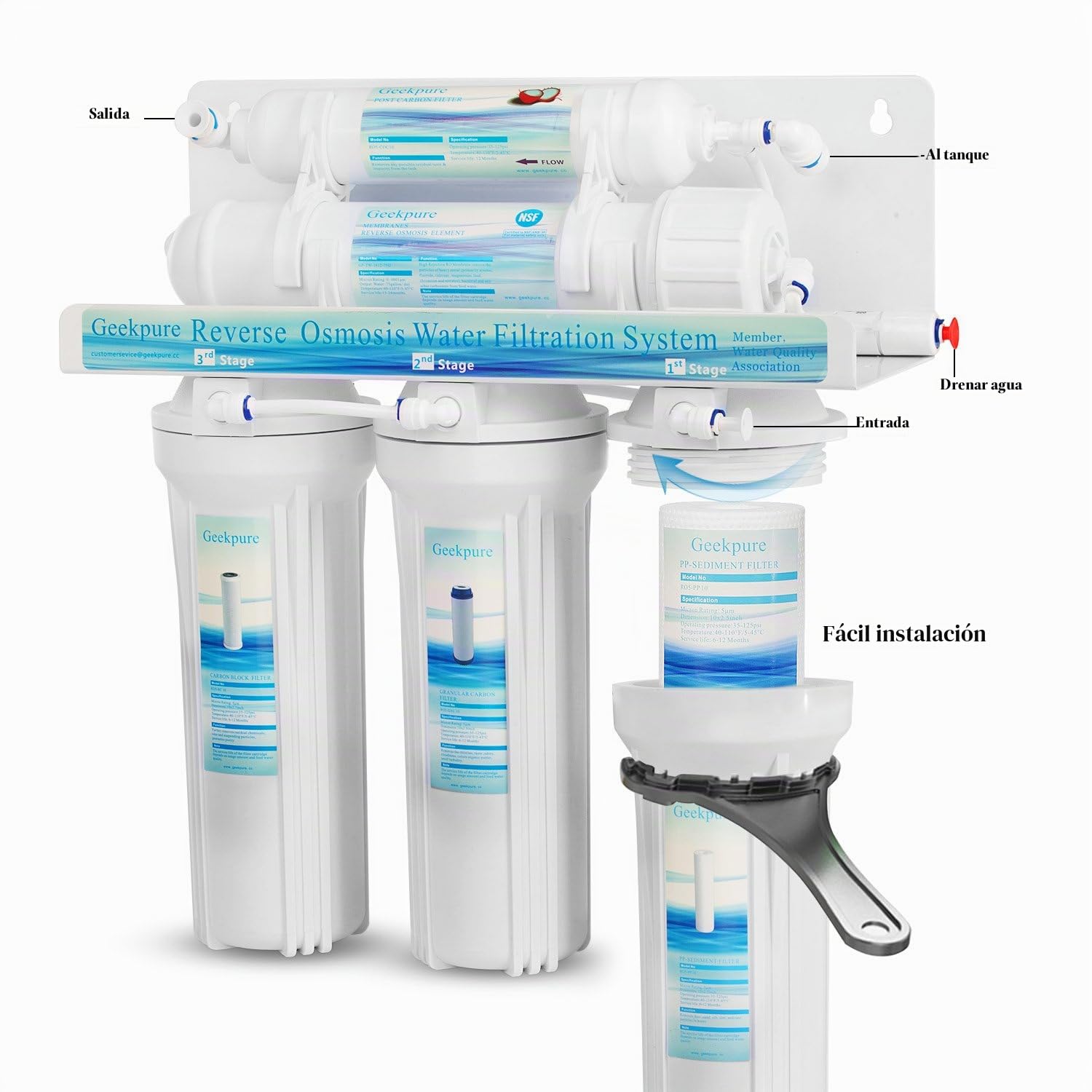 Geekpure Sistema de filtro de agua potable de ósmosis inversa de 5 etapas más 7 filtros de repuesto adicionales-75gpd