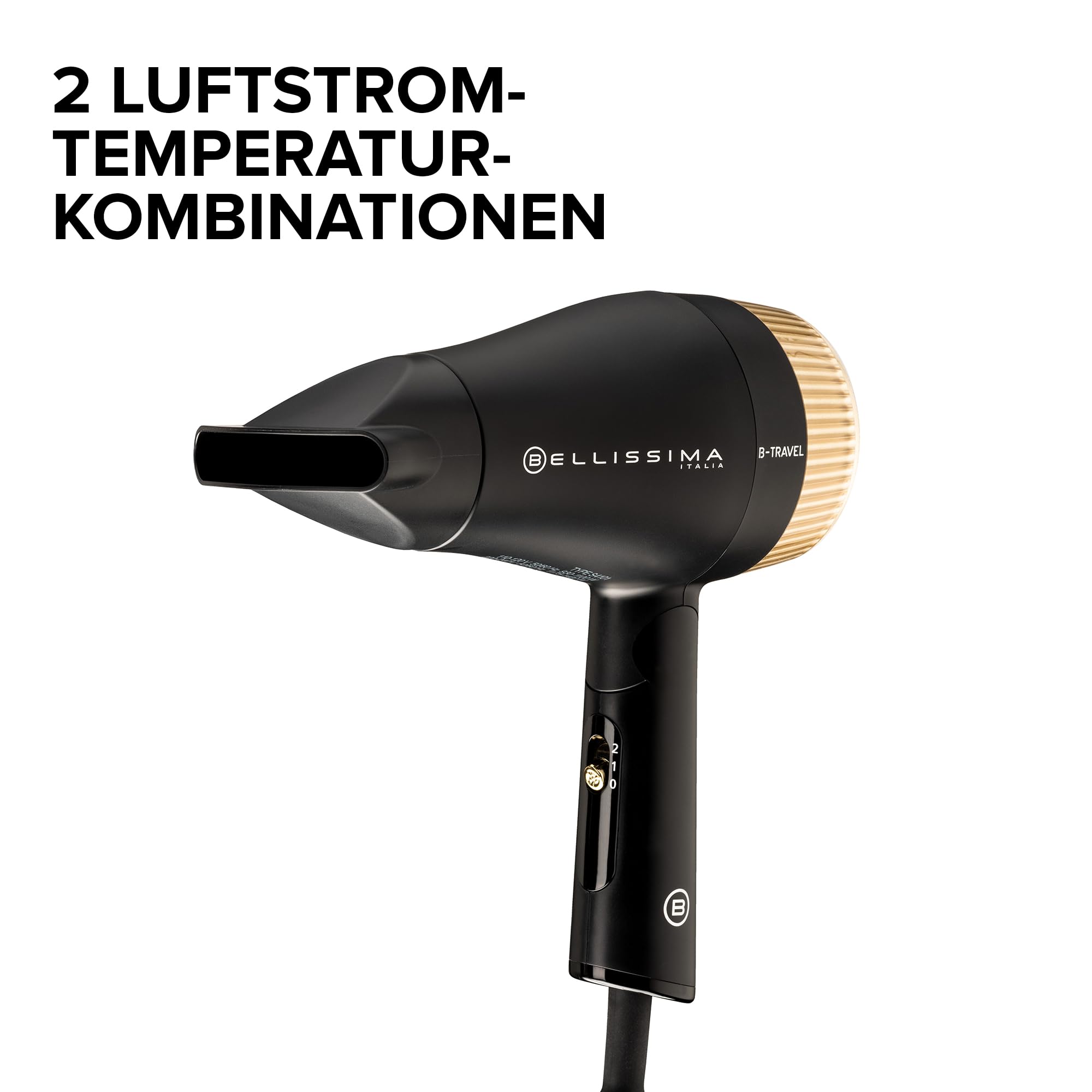 Bellissima Reisehaartrockner, tragbar und kompakt, 1400 Watt, klappbarer Griff, Präzisionskonzentrator, 2 Luft/Temperatur-Kombinationen, Reiseetui, Geschenkidee