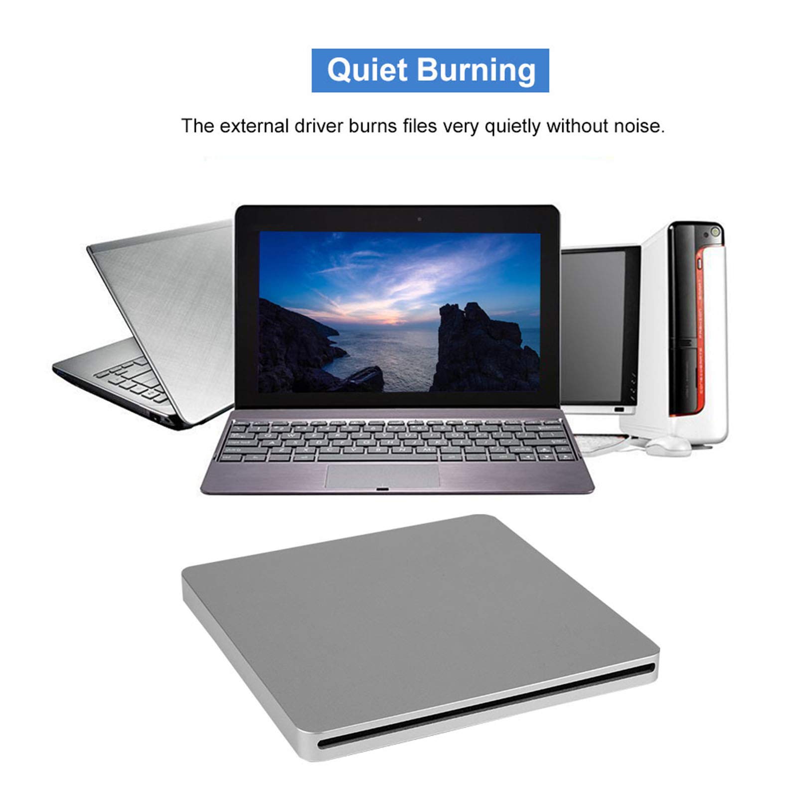 Tosuny Zewnętrzny napęd DVD USB C, nagrywarka CD/DVD, ciche gniazdo do nagrywania jednym przyciskiem, zewnętrzna nagrywarka do Mac OSX SE/ME/2000/XP i Plug and Play