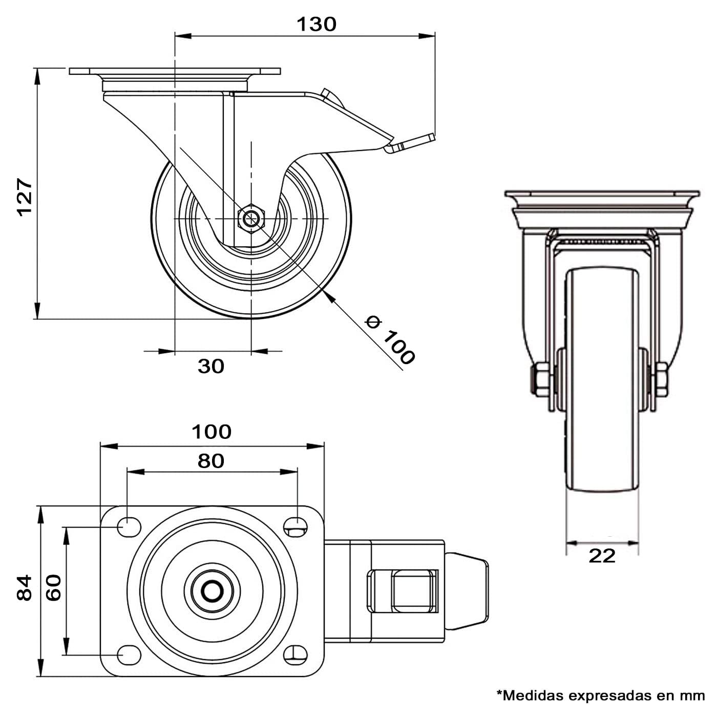 ACAN Tradineur - Pack de 4 ruedas giratorias con freno para muebles, incluyen placa de montaje, goma y hierro, rueda de transporte para cargas pesadas, industrial, Ø 100 mm
