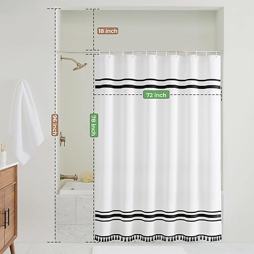 Miniatura 2 de Seasonwood Cortina de ducha en blanco y negro, cortina de ducha a rayas de 78 pulgadas para juegos de baño con borlas, cortinas de ducha extralargas