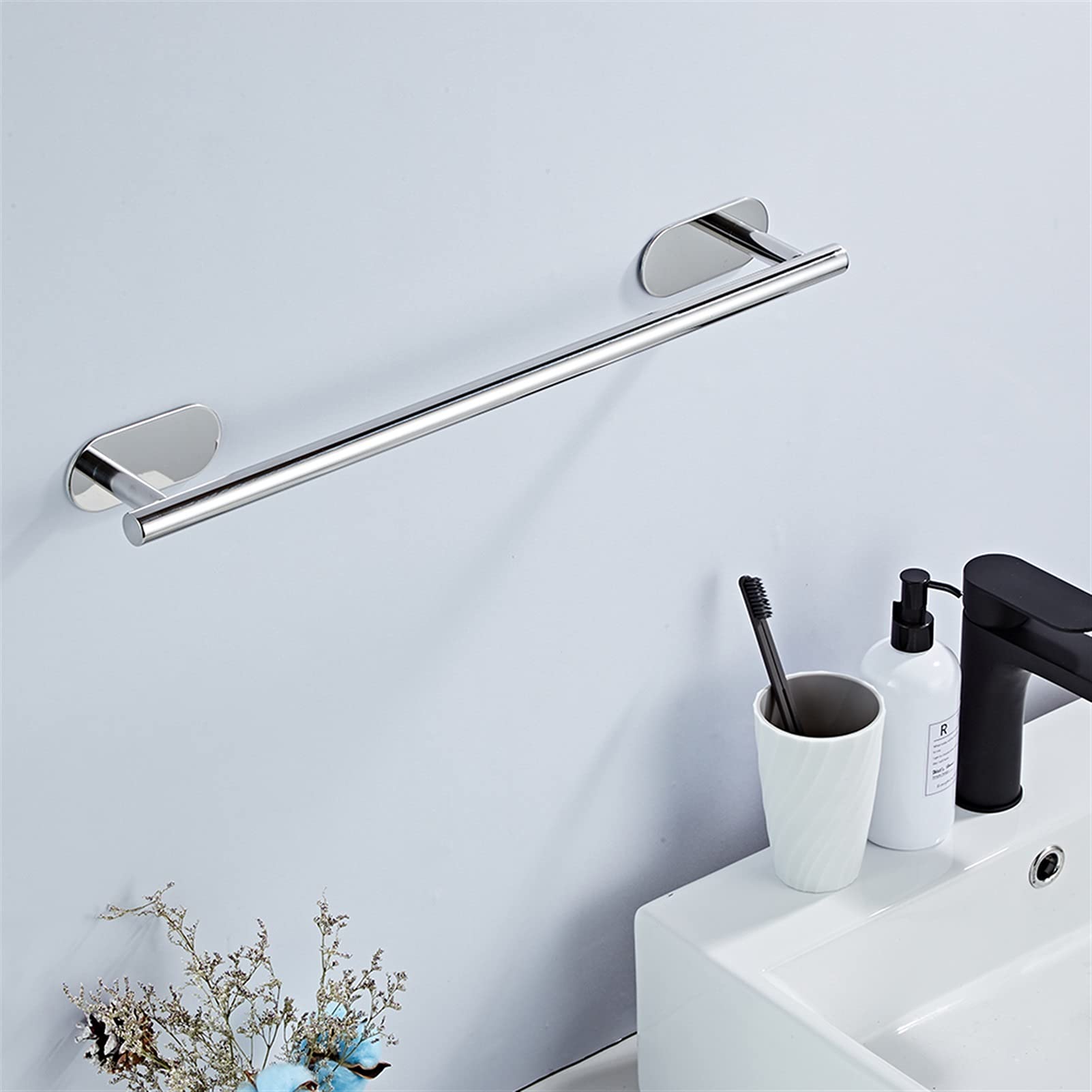 Toallero de pared de acero inoxidable con estante autoadhesivo para colgar en la cocina y el baño, color plateado