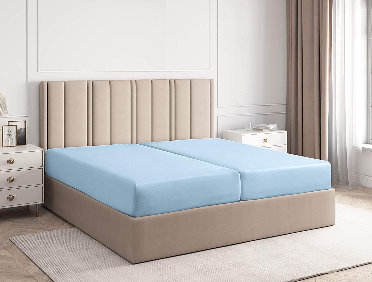 Split Cal-King Fitted Sheet - for Adjustable Bed - Double Bottom Deep Fitted Sheet - Fits Mattress Perfectly - 100% Pure Cotton – Light Blue Fit Mattress Up to 18" Deep Pocket (2 PC)